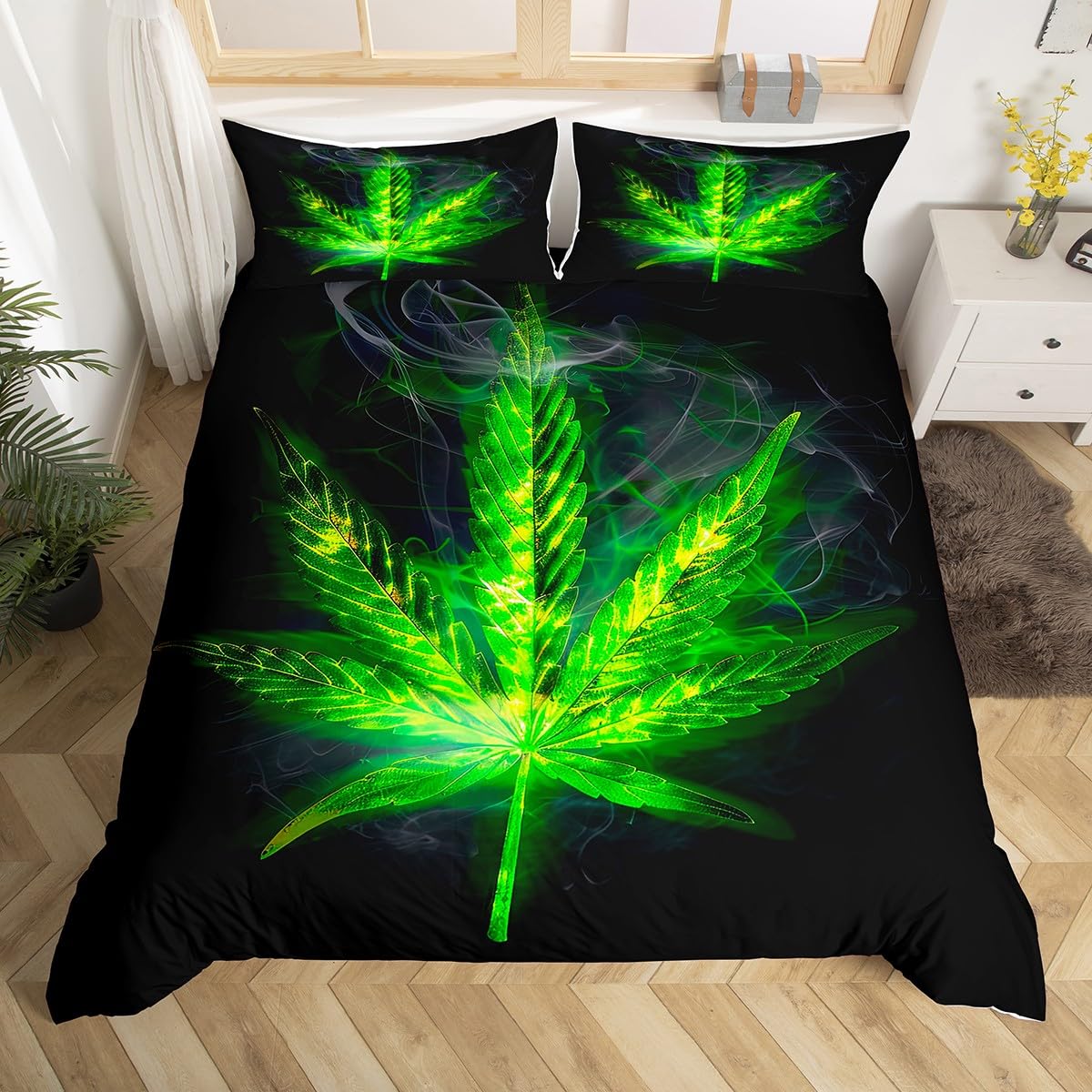 Erosebridal Bohemia Leaves Duvet Cover, Boho Plant Leaf Comforter Cover Queen Size for Kids Teens Adult, Bohemia Vibrant Green Bedding Set Bedroom Decor with 2 Pillow Cases, Green Black