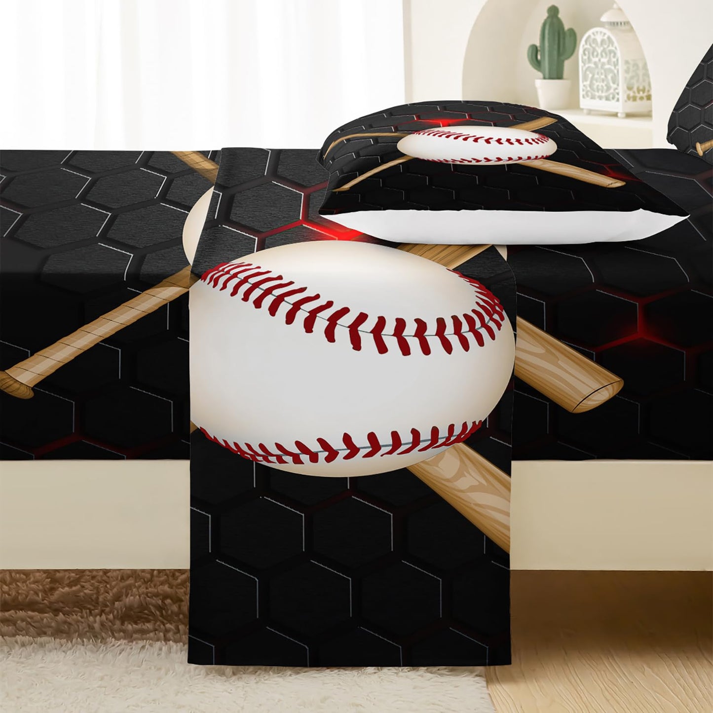 QOOMO Baseball Sheet Set,Honeycomb Kids Bed Sheets,Black Baseball 16" Deep Pocket Bed Sheet Set for Boys/Girls/Kids/Teens，4 Piece Sheet Set, 1 Fitted Sheet,1 Flat Sheet and 2 Pillowcases，Twin Size