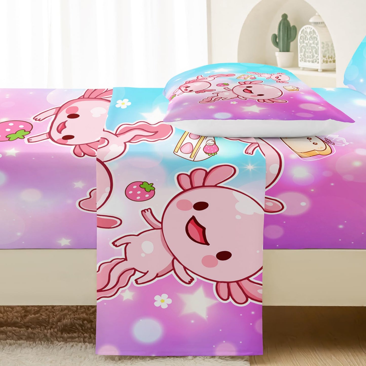 QOOMO Pink Axolotl Microfiber Flat Fitted Sheets Set for Children Strawberry Cake Super Soft Kids Bedding Set Gradient Bubble Room Decoration Queen Size 1 Fitted Sheet, 1 Flat Sheet, 2 Pillow Cases
