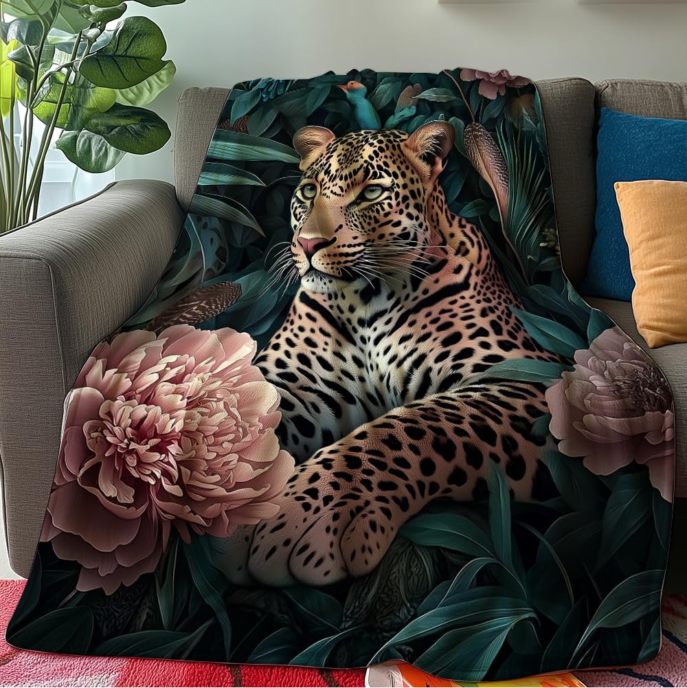 HUNXIAOJ Leopard Throw Blanket Animal Print Blanket Cheetah Gifts for Kids Warm Soft Flannel for Girls Boys Woman Teens Adults Bed Sofa Couch (49in x 59in)