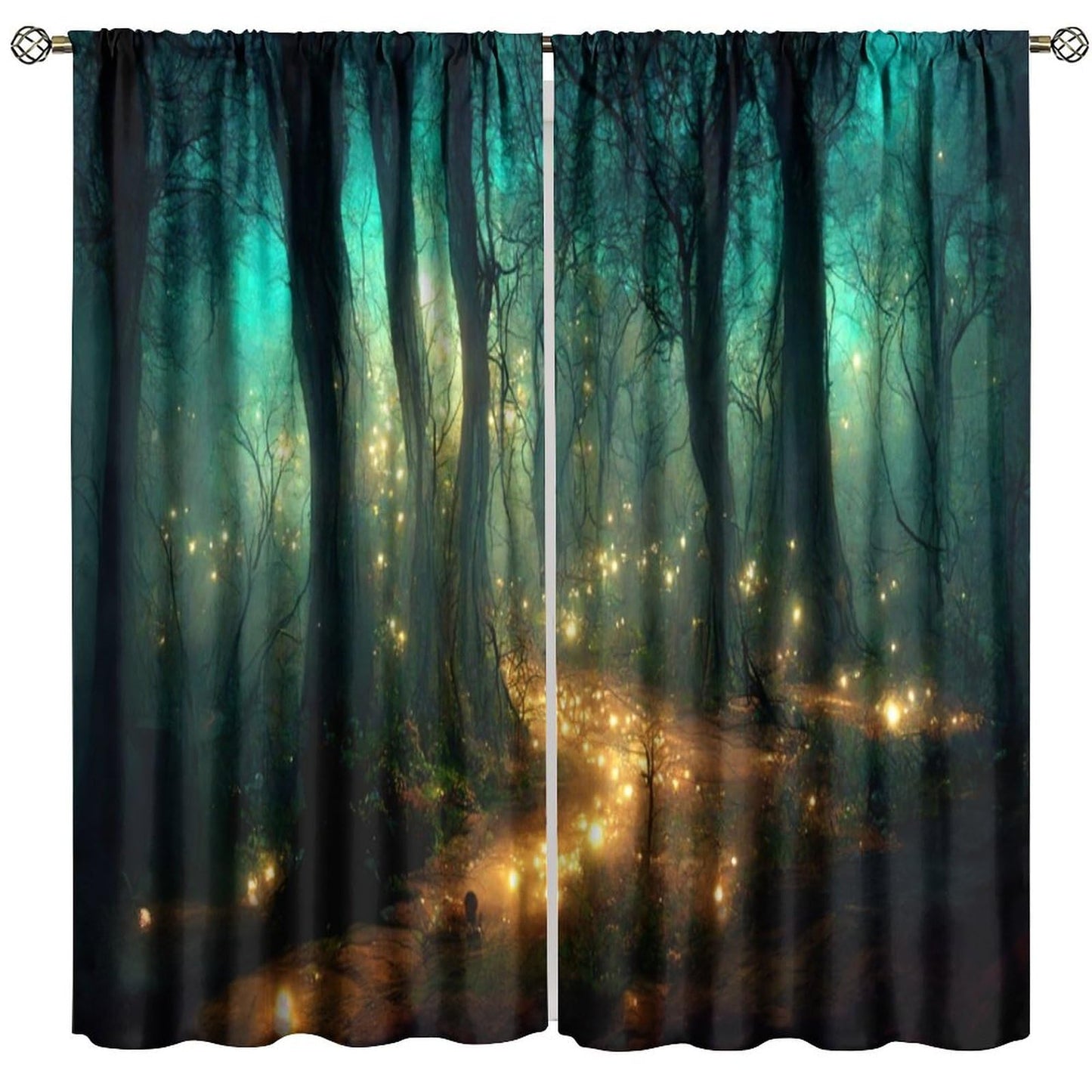 SHElifestyle Fantasy Forest Curtains, Enchanted Trees Dreamy Mist Gothic Forest Glowing Lights Landscape Window Treatments Drapes for Bedroom Living Room W42 X L45