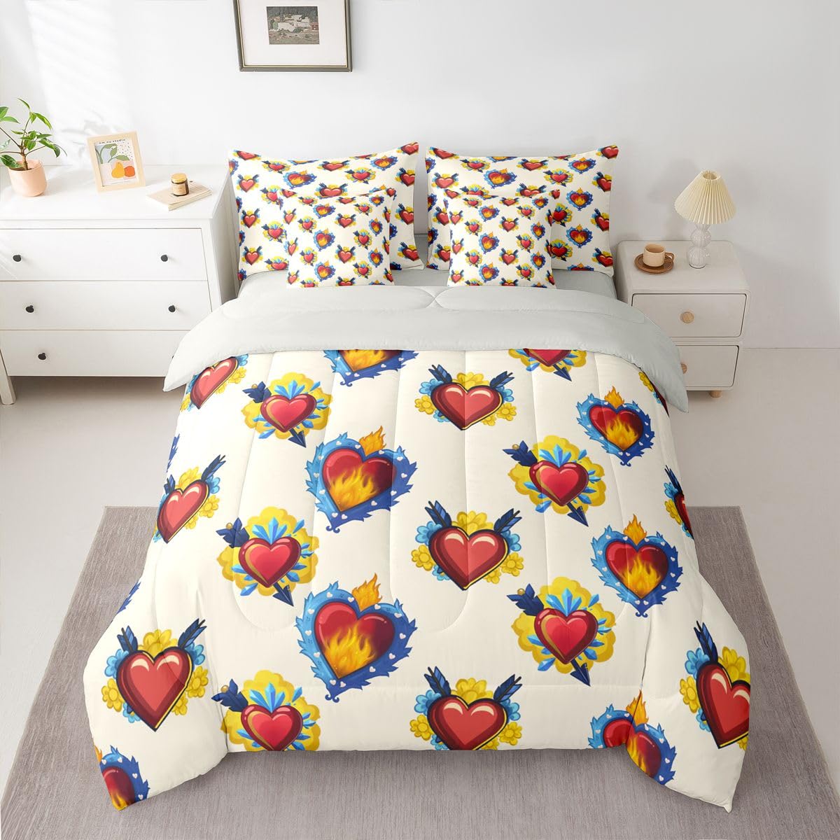 Erosebridal Heart Pattern Queen Comforter Set Red and Blue 7 Pieces Bedding Fire Flame Print Bed Set with Sheets Floral Bed in A Bag Bedroom Decor