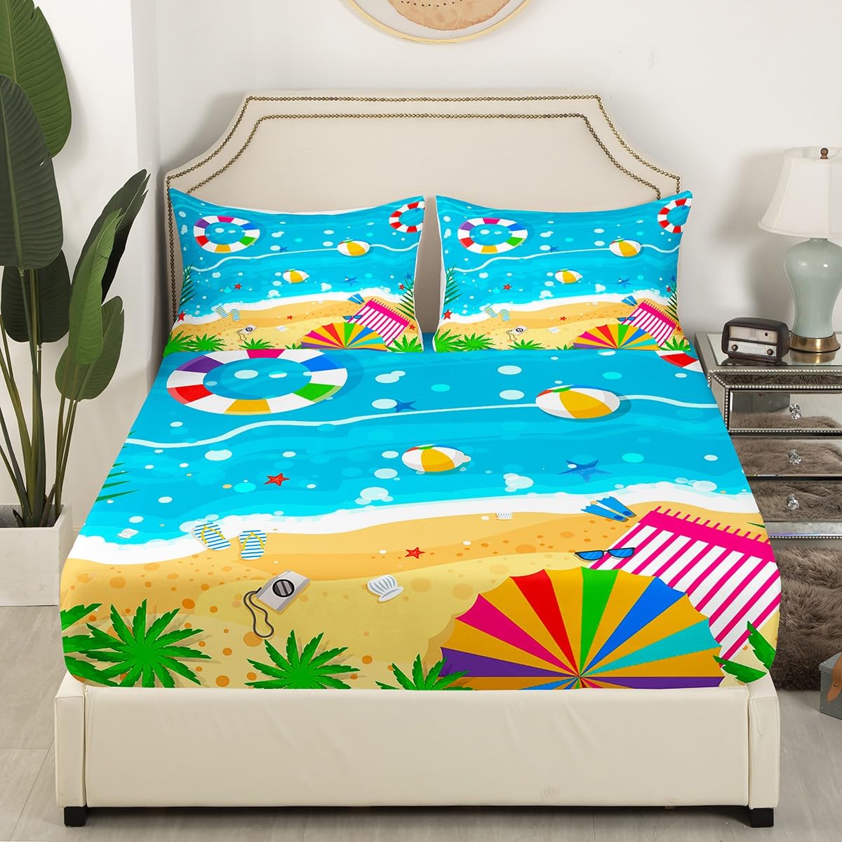 Feelyou Ocean Bed Sheet Set Twin Size Beach Coastal Shoes Fitted Sheet for Kids Boys Girls Room Decor Hawaiian Beach Bedding Set Summer Holiday Vacation Bed Cover Deep Pocket Bed Set