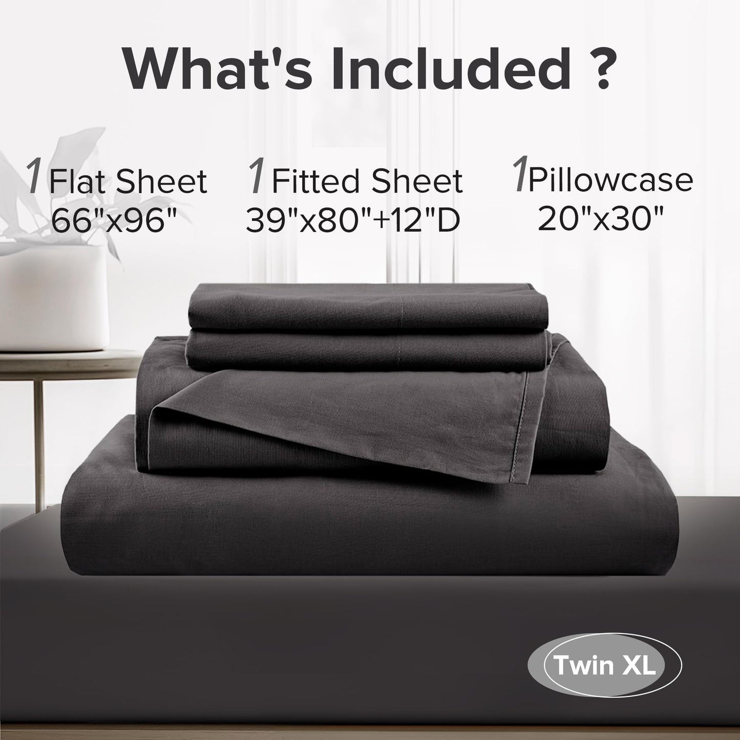 Comfort Spaces 100% Cotton Sheets Twin XL, Breathable & Ultra Soft Cotton Sheets, Naturally Cool Cotton Bed Sheets with 12" Elastic Pocket Fits up to 14" Mattress, All Season Sheet Set, Black, 3 Piece