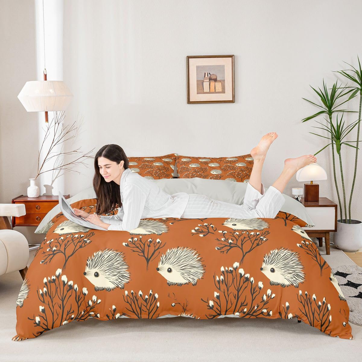 Erosebridal Kawaii Hedgehog Comforter Cover Twin Cartoon Wildlife Duvet Cover for Kids Teens Hedgehog Lovers Botanical Bedding Set Cartoon Cute Kawaii Animal Bed Set