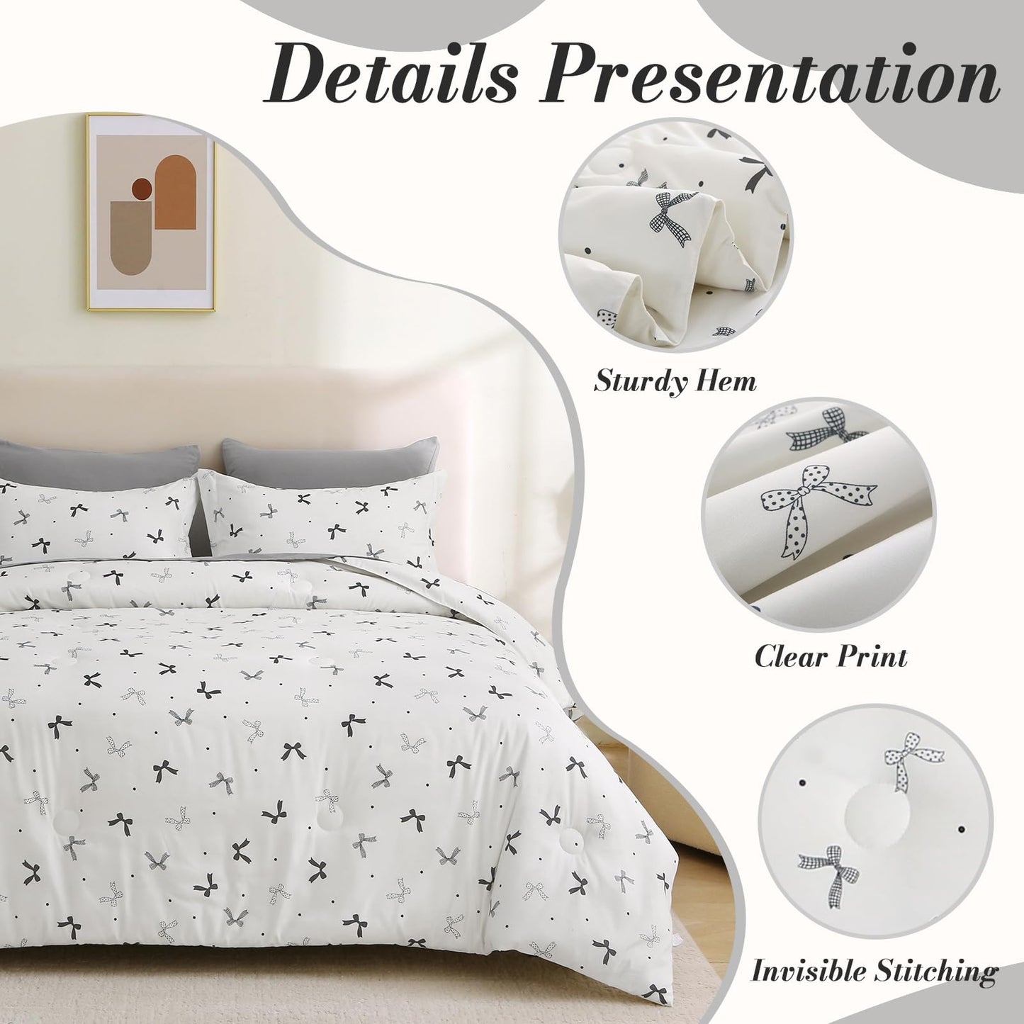 Jameswish 7 Pieces Black Bow Comforter Set for Girls Kids Soft Fluffy Bedding Set Full Size Bed in A Bag as Gifts (1 Comforter, 1 Flat Sheet, 1 Fitted Sheet, 2 Pillowcase and 2 Pillow Sham)