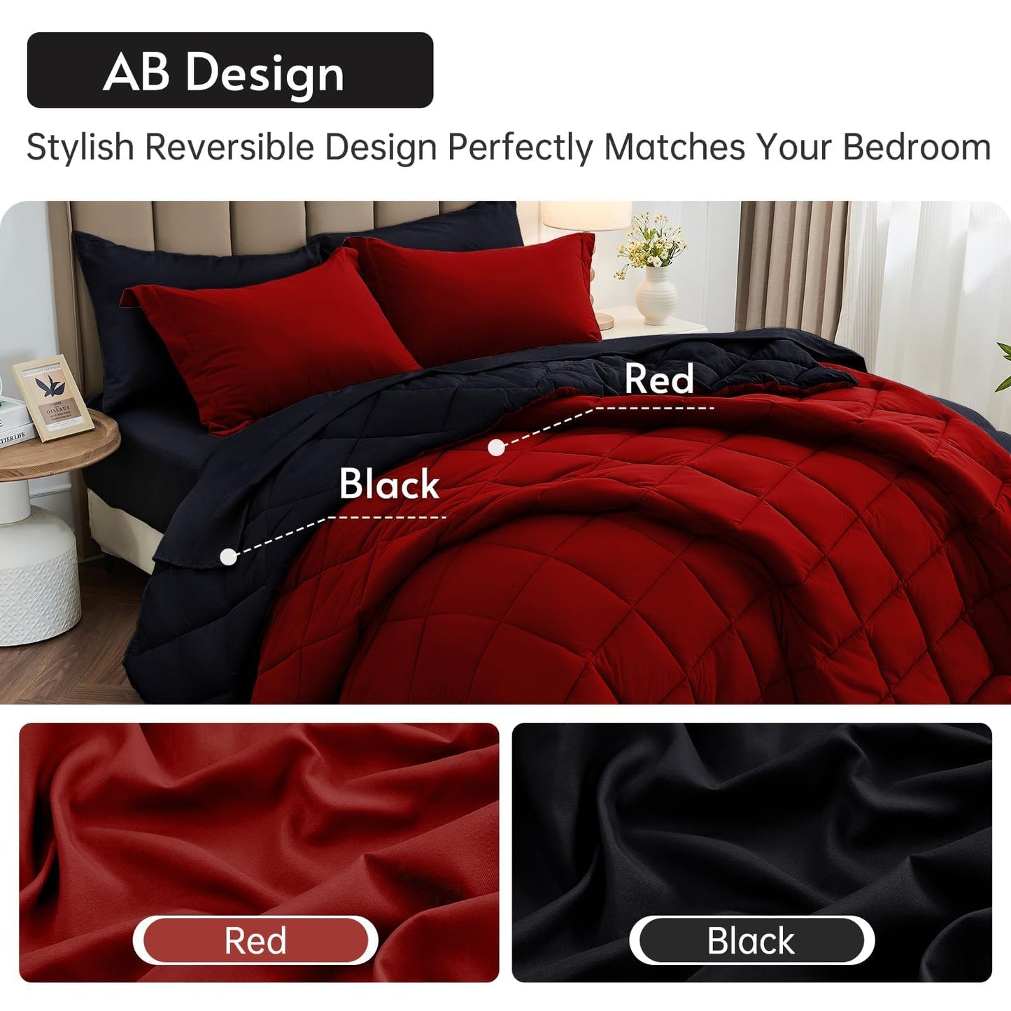MUXHOMO 7 Pieces Queen Comforter Set, Reversible Bed in a Bag Queen Size, All Season Bedding Set with Comforter, Flat Sheet, Fitted Sheet, Pillowcases & Shams, Red & Black