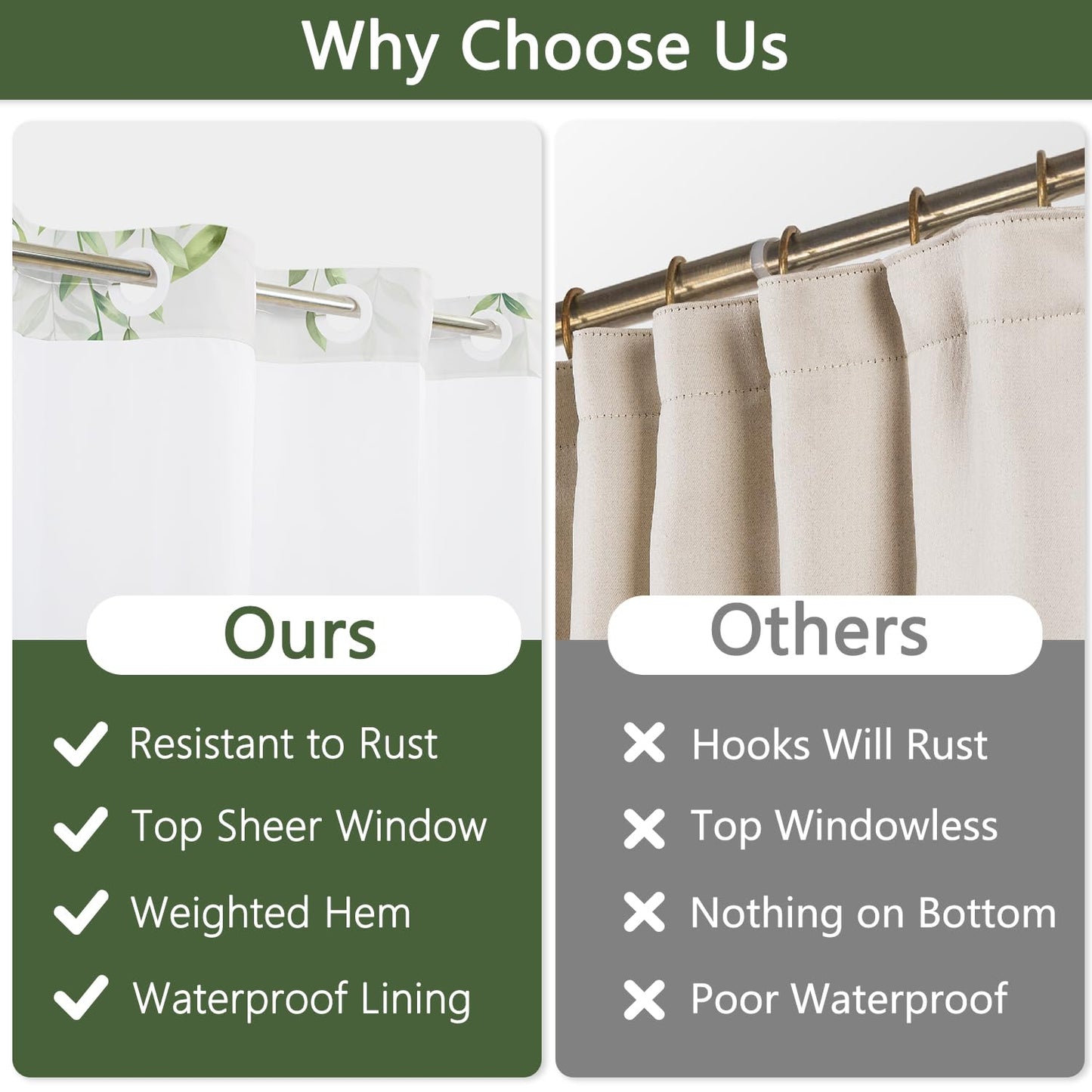 No Hook Light Green Leaves Shower Curtain with Snap in Liner, Waterproof Double Layers Fabric Shower Curtain, Modern Farmhouse Nature Botanical Bathroom Curtains with Top Sheer Window, 71x74 Inch
