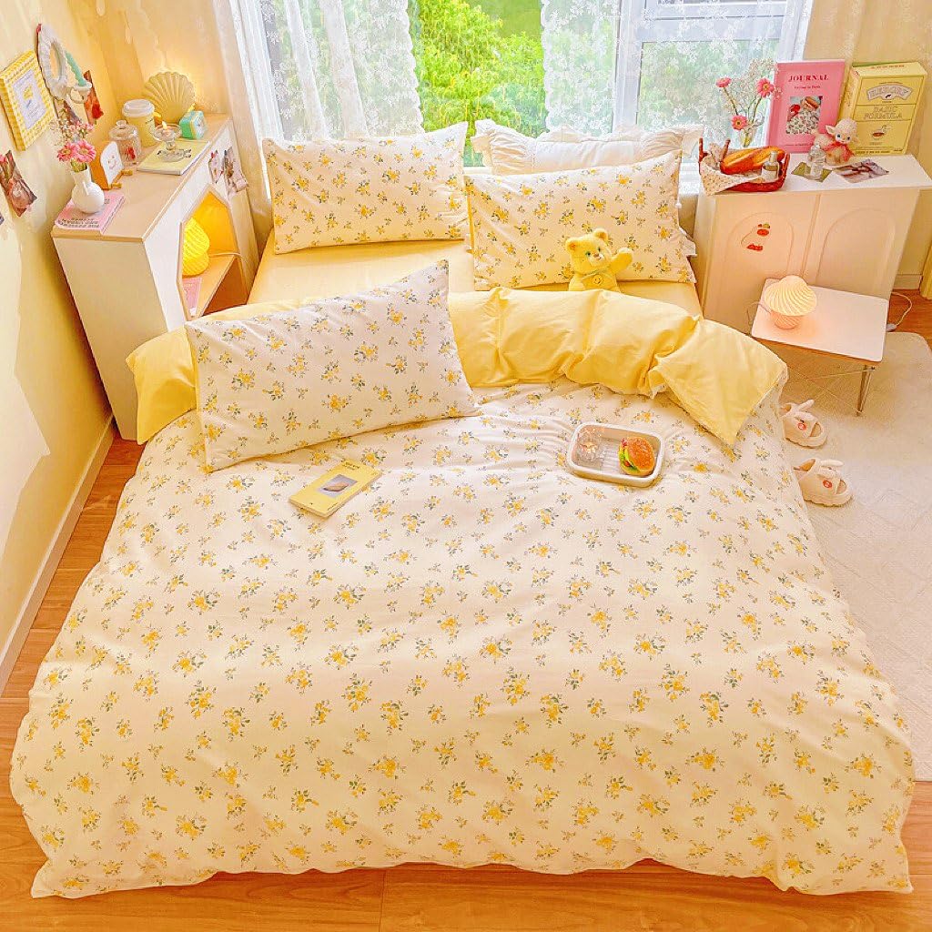 4pcs Duvet Cover Set- 100% Cotton Comfort Duvet Cover Set,a Duvet Cover,a Deep Pocket Fitted Sheet,2 Pillow Shams Home Bedding with Zipper Closure for All Season (Queen (U.S. Standard), cream yellow)
