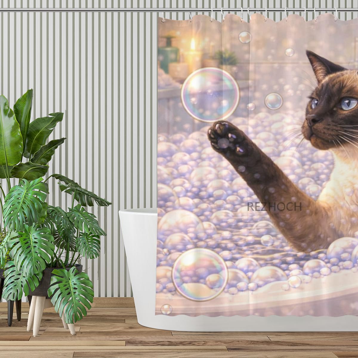 REZHOCH Funny Siamese Cat Shower Curtain 72x72 Inch,Cute Animal Bubble Bathroom Decor,Lovely Bathtub Waterproof Fabric Modern Art Humor Farmhouse Home Bath Set with 12 Hooks