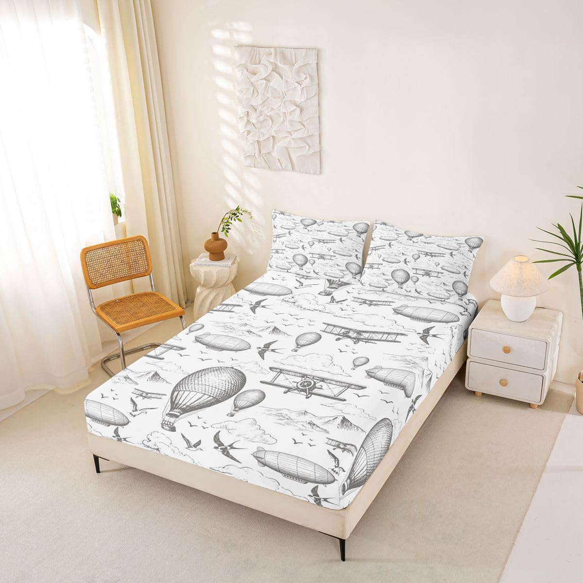 Airplane Hot Air Ballon Fitted Sheet Full Size (No Flat),Aircraft Bedding Set 3Pcs,Kids Boys Teens Room Decor,Sky Cloud Airship Bed Sheets Sketch Grey White Deep Pocket Sheet,2 Pillowcases