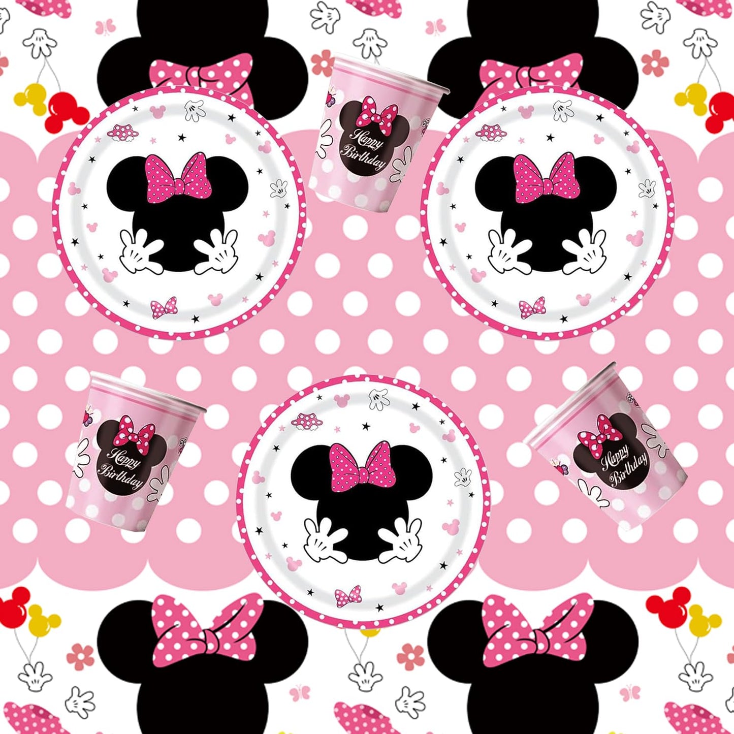 Nyhpar 3 Packs Pink Mouse Tablecloth, Pink Polka Dot Table Cloths Disposable Plastic Cartoon Table Covers for Girls 1st 2nd 3rd Party Decorations Supplies, 86.6 x 51.2in