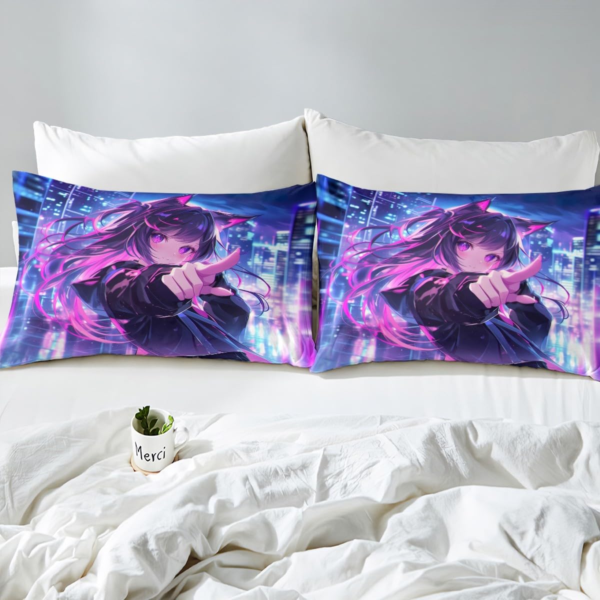 Erosebridal Kids Anime Girl Full Size Comforter Cover, Japanese Anime Duvet Cover, Cartoon Girl Bedding Set for Boys Teens Bedroom Decor, Kawaii Japanese Animation Bed Set with 2 Pillow Cases