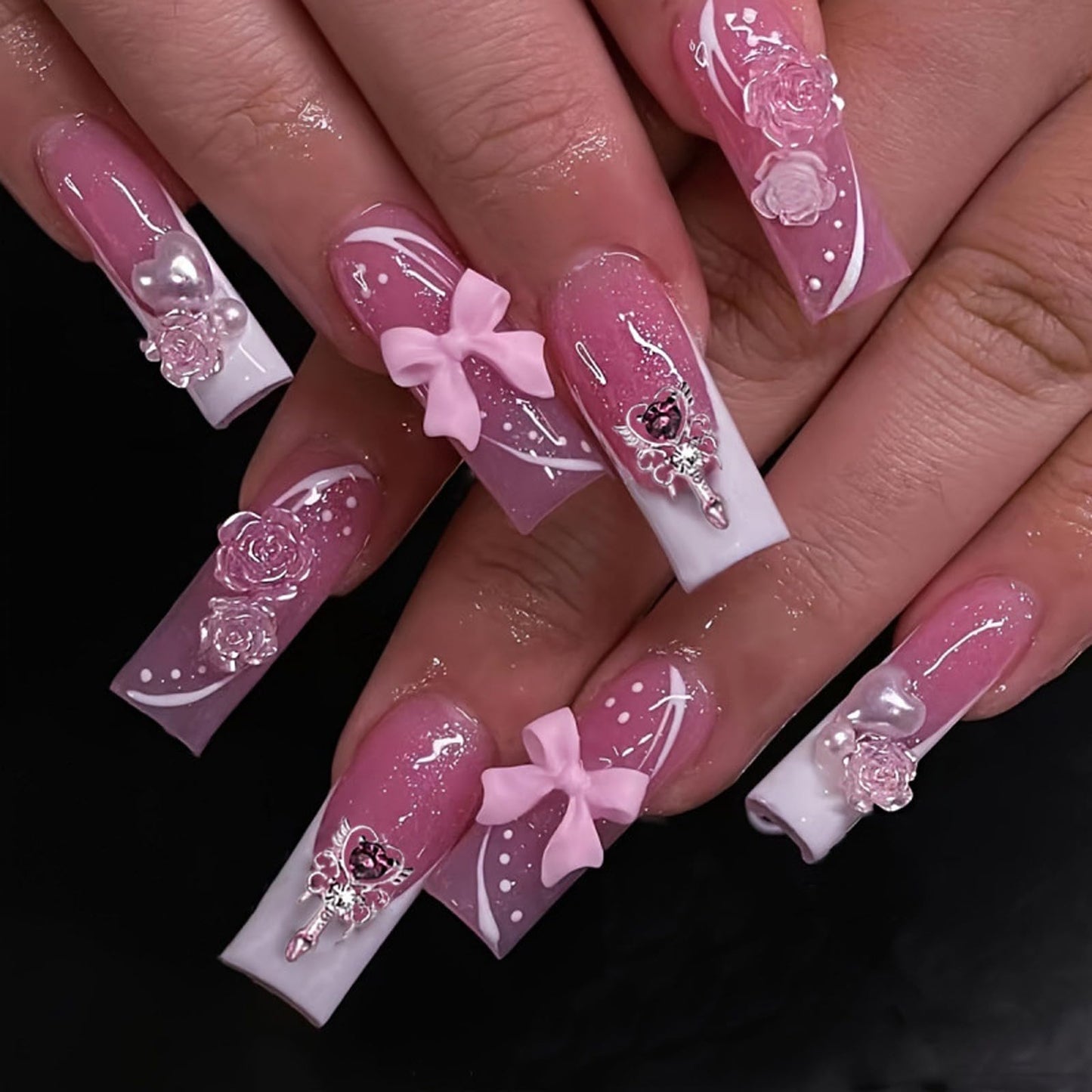 Pink Press on Nails Long Square Fake Nails White French tip Glue on Nails with 3D Rose, Bow, Gem Staff Charms Designs Full Cover Valentine’s Day False Nails for Women Manicure 24Pcs