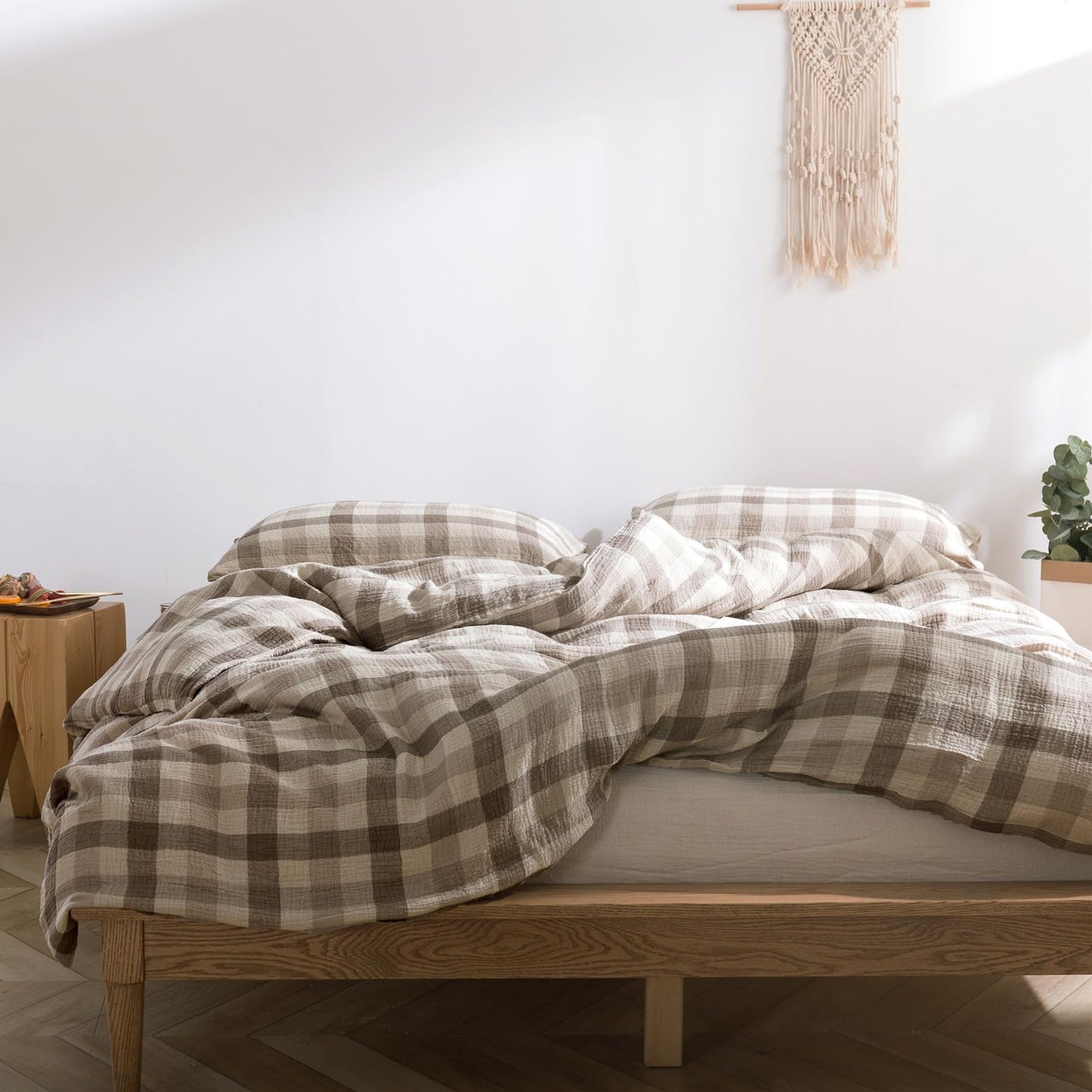 VM VOUGEMARKET Beige Grey Gingham Duvet Cover Queen Muslin Cotton Plaid Bedding Set Soft Breathable Linen Like Gauze Comforter Cover with Zipper Closure for Teen Men-3 Pieces,90"x90"