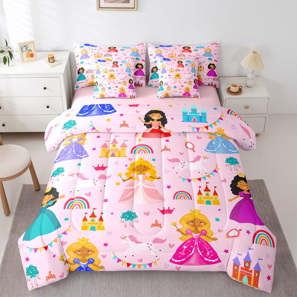 jejeloiu Cute Princess 7 Piece Bedding Set Queen Size Girly Loves Bed in a Bag for Boys Girls Bedroom Decor Pink Clound Rainbow Comforter Set with Sheets,Pillowcases & Cushion Cover Castle Soft