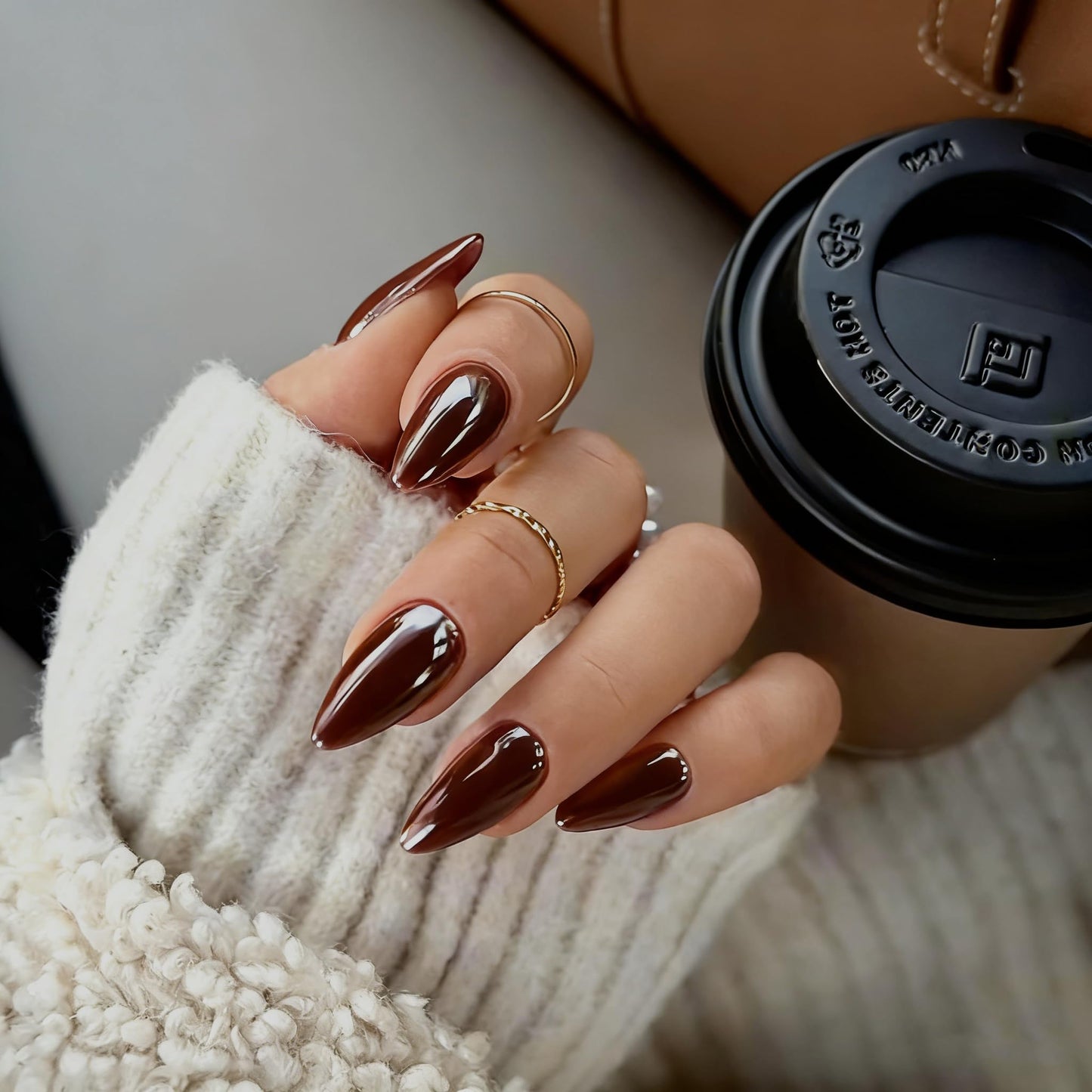 Chrome Brown Press on Nails Almond Medium, KQueenest Glazed Stiletto Fake Nails Press ons With Mirror Effect, Glitter Glue on Nails Medium Bling Acrylic Nails False Nails for Women Decoration