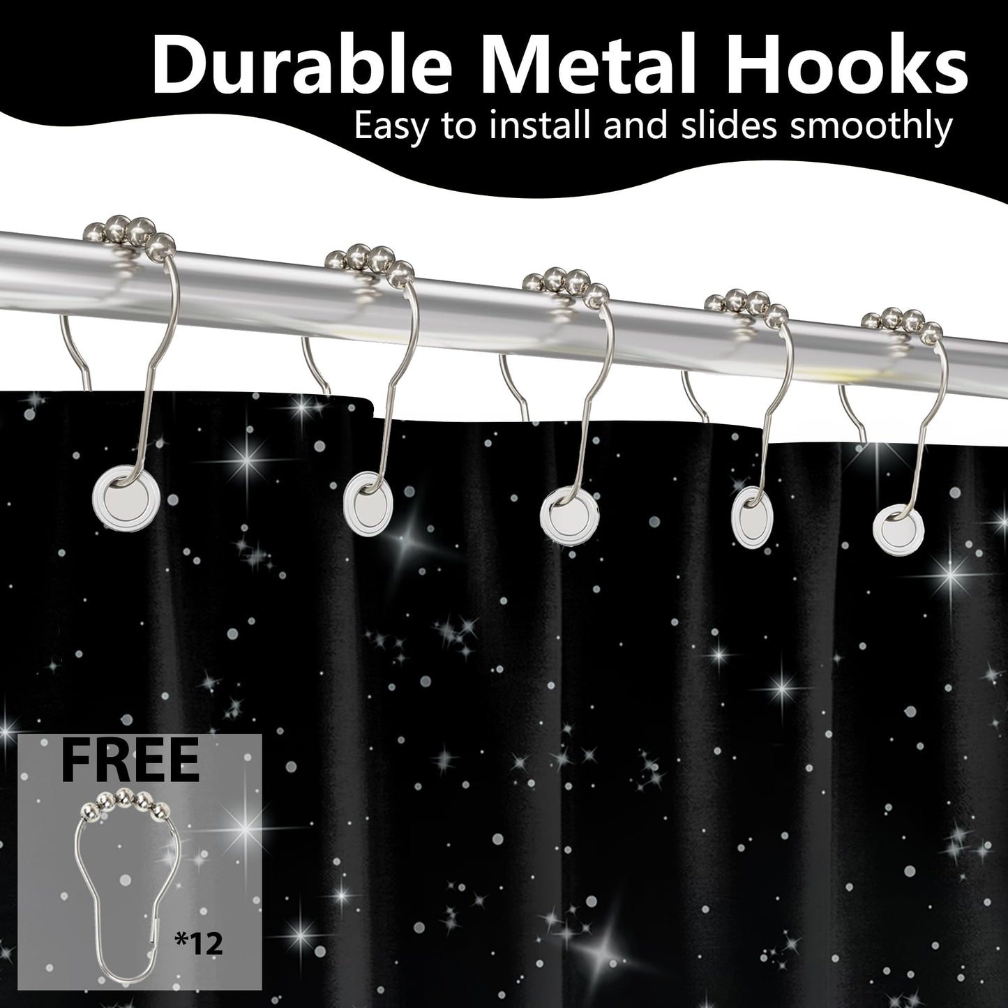 Tonmue Star Moon Shower Curtain Space Night Sky Galaxy Black and White Shower Curtains for Bathroom Decor, Waterproof Cloth Fabric with Hooks 70" W x 72" L