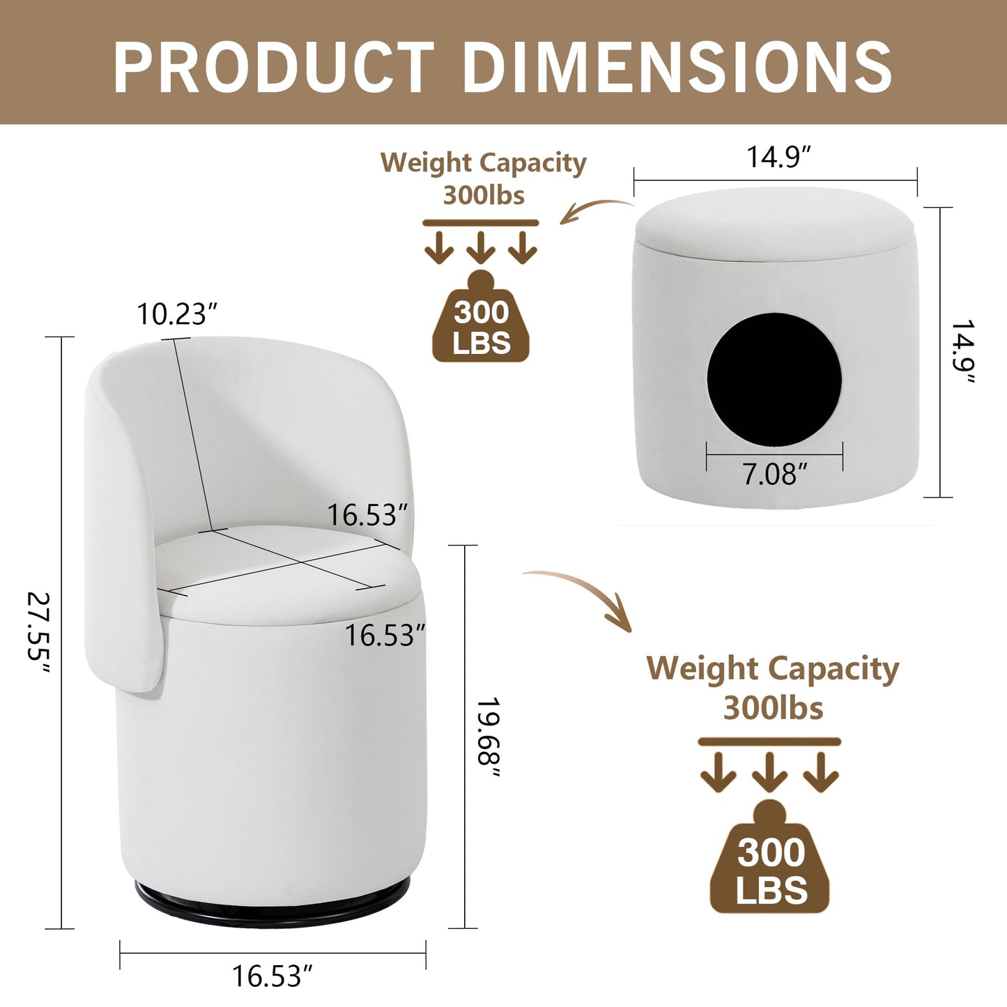 WOCFYK Makeup Vanity Chair with 360 Degree Swivel and Hidden Storage, Upholstered Barrel Accent Chair with Back, Matching Cat Bed Stool for Bedroom, Vanity Room, Living Room, White Velvet
