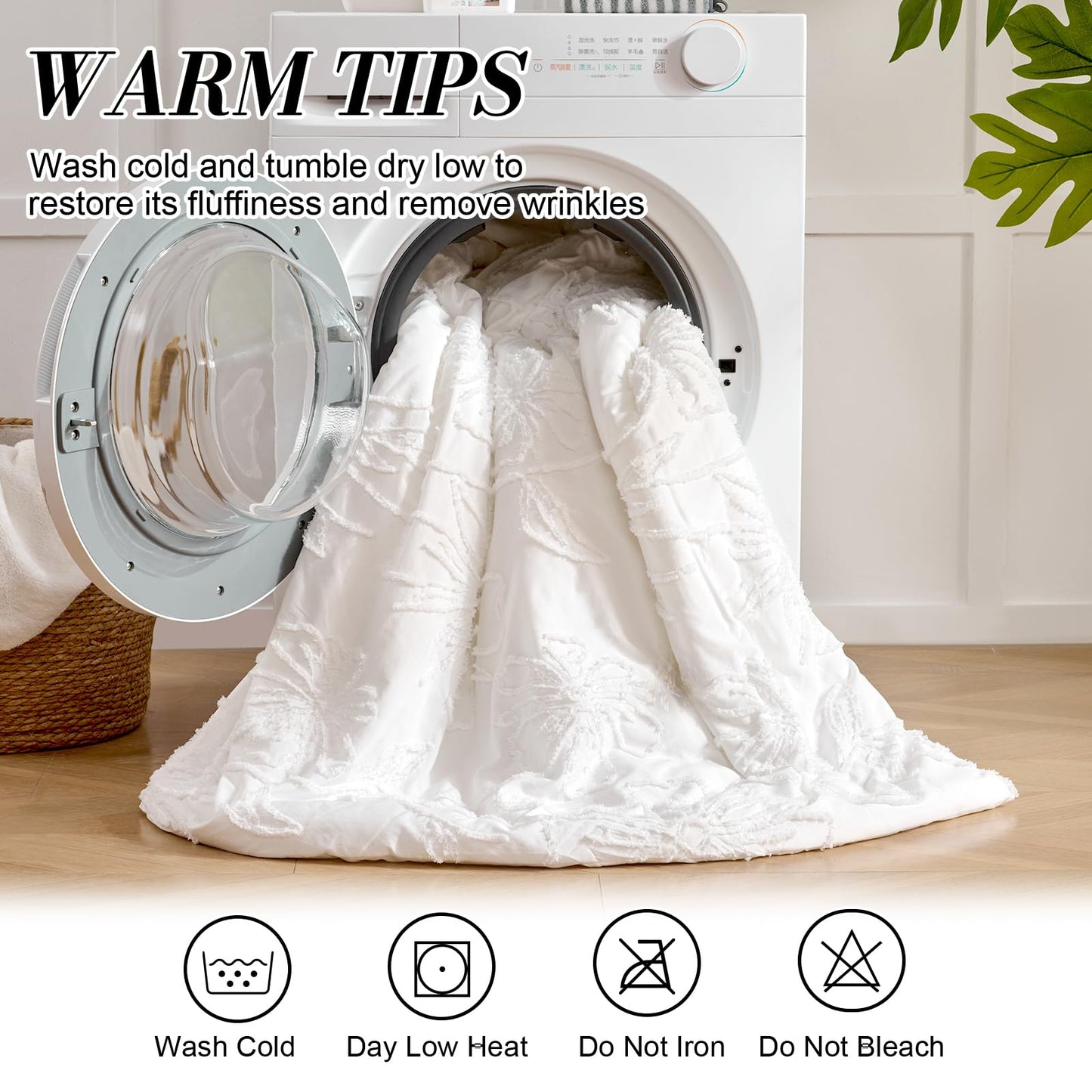 Jameswish 7 Pieces Flower Comforter Set for All Seasons White Floral Tufted Boho Bedding Set Queen Size Farmhouse Bed in A Bag as Gifts with Comforter Sheets Pillowcases Shams
