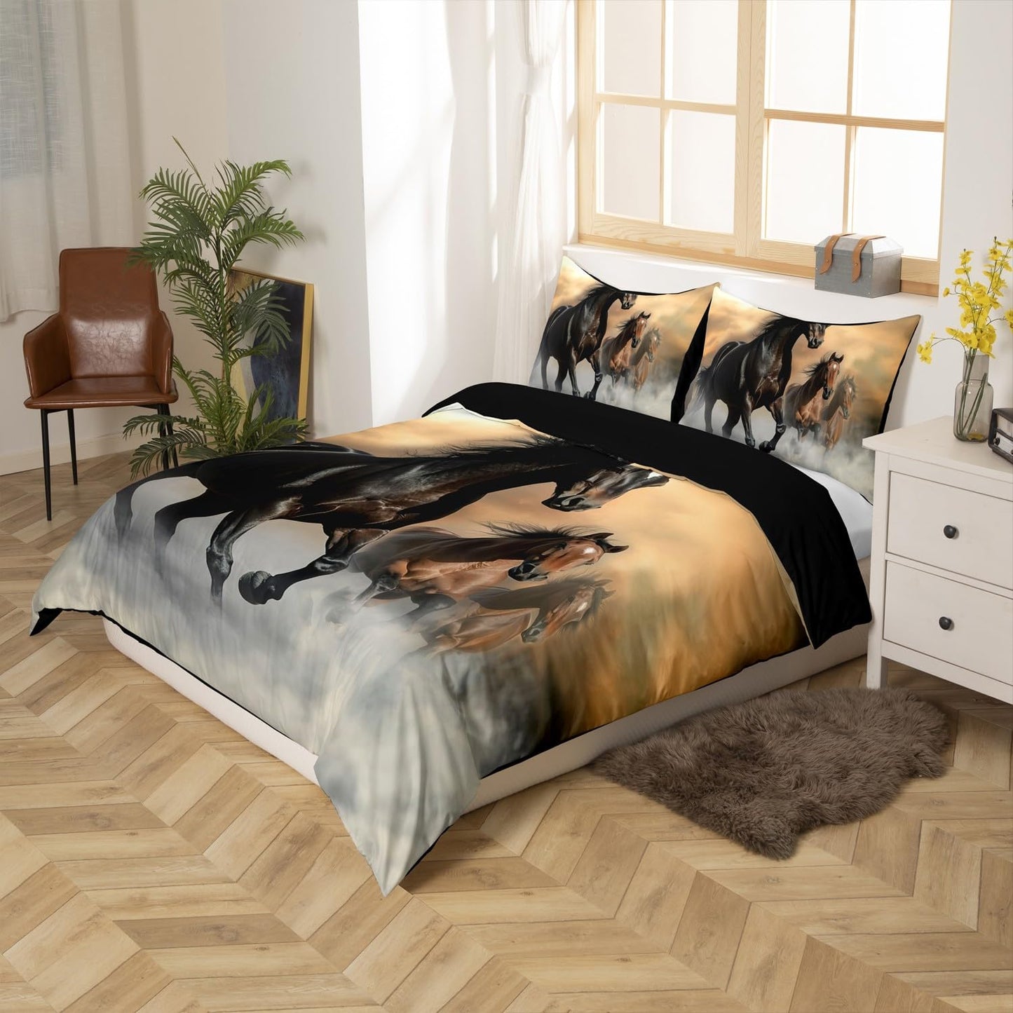 Erosebridal 3Pcs Horse Bedding Set Full Size Bedding Duvet Cover Horse Printed Quilt Cover 3D Animal Printed Quilt Cover for Adult Teens Kids Comforter Cover Soft Lightweight Duvet Cover Set