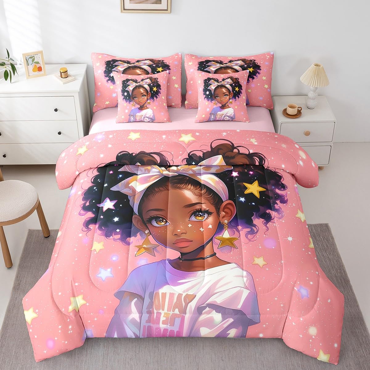 Cartoon Cute Girl Comforter Set,African American Style 7 Piece Bed Set Twin Size for Kids,Glitter Print Star Dots Bed in a Bag Bedding Set with Comforter,Sheet Set,Pillowcases,Pillow Covers