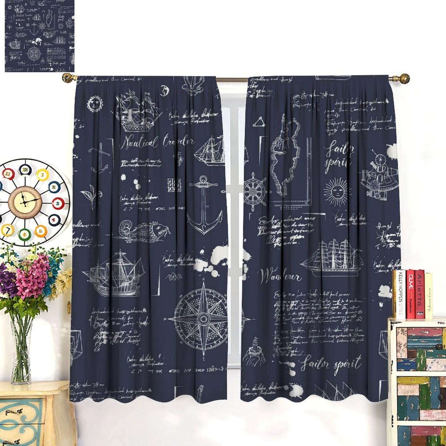 Nautical Sailboat Curtains, Rustic Hand Painted Compass Anchor Window Drapes, for Living Room Bedroom 42" W X 45" L (Decorative)