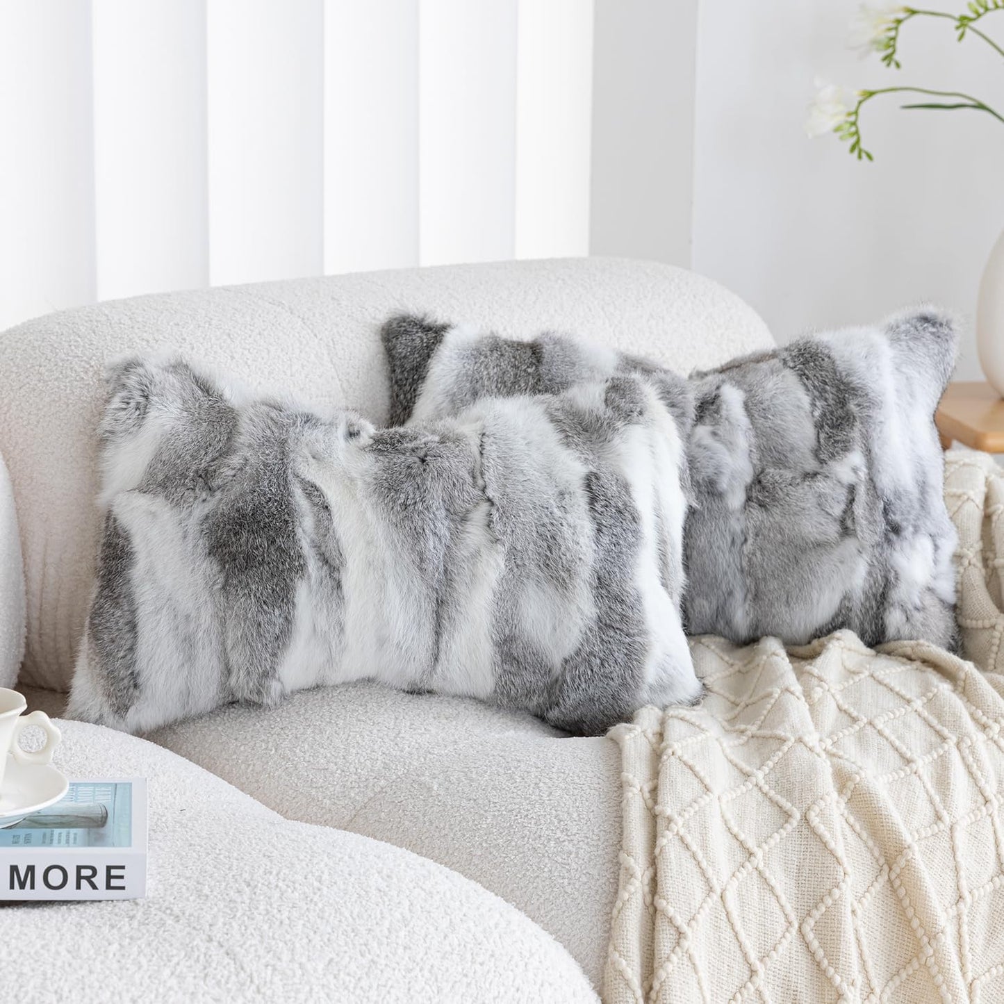ROSE FEATHER Genuine Rabbit Fur Pillow Covers Set of 2, Luxury Decorative Throw Pillowcases Fluffy Animal Skin Accents Bolster Cushion Cover for Couch Sofa Bedroom Living Room Home,12x20inch, Grey