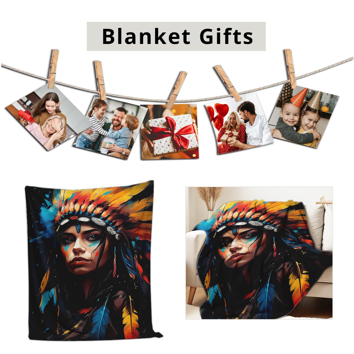 HUNXIAOJ Native American Indian Style Blankets Queen Size Native American Indian Gifts Western Decor Throw Blankets Bedding Warm Soft Flannel for Bed Couch (49"x59")