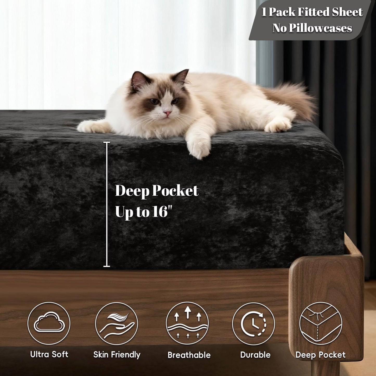 PHF Truly Velvet Fitted Sheet Only Full Size, Luxury Super Soft Cozy Fuzzy Fleece Bottom Sheet, Deep Pocket Up to 16",Strenghth Elastic Band, Suitable for Fall Winter Spring, No Pillowcases, Black