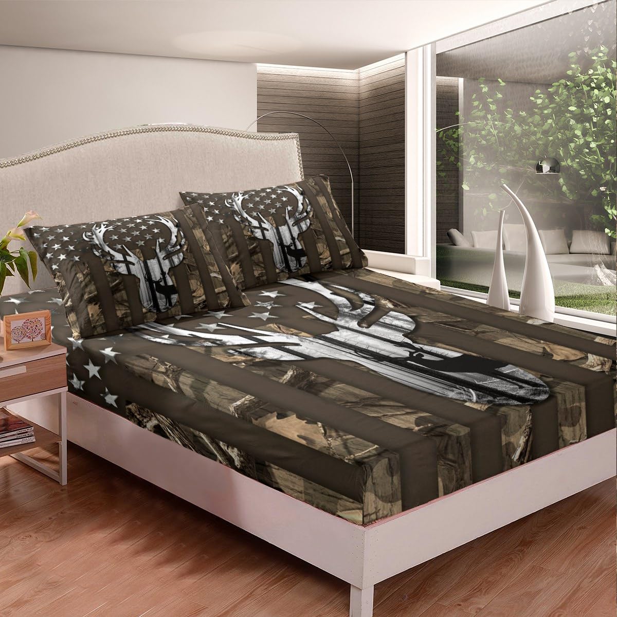 Camouflage USA Flag Fitted Sheet Set Full Size 4pcs,Brown Camo and Deer Antlers Trees Silhouette Bedding Set(1 Fitted,1 Flat,2 Pillowcases),American Flag Luxury Deep Pocket Bed Sheets for Girls Teen