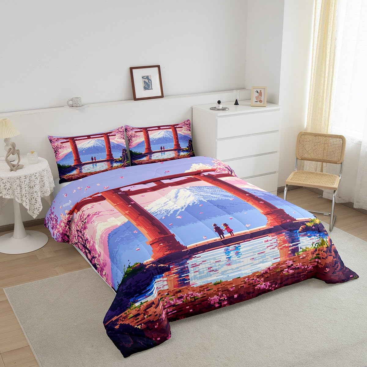 jejeloiu Pink Japan Bedding Set 2Pcs Twin Size Kids Anime Mount Fuji Comforter Set for Boys Girls Pixel Duvet Quilt Soft Lightweight,Microfiber