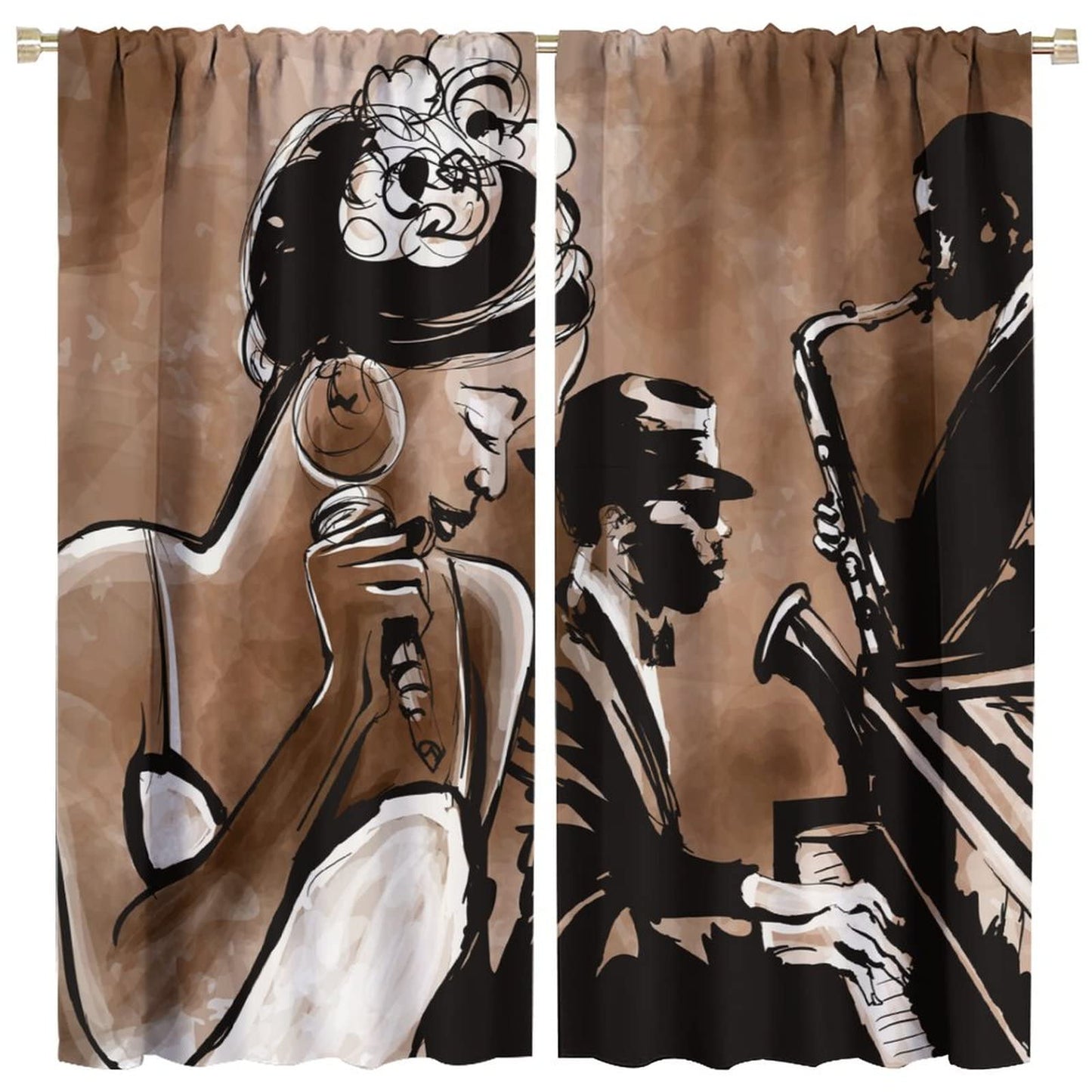 Vintage Art African American Curtains, Mid Century Jazz Band Black Woman Singer Performer Pastel, Thermal Insulation Blackout Window Treatments Rod Pocket for Living Room Bedroom Bathroom 42x45in