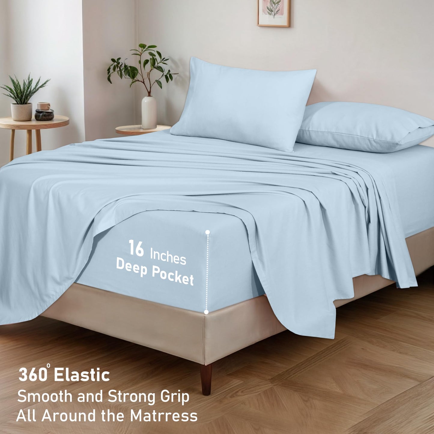 RUVANTI Flannel Sheets Queen Size - GOTS Certified 100% Organic Cotton, 4 Piece Warm, Soft & Breathable Set, Deep Pocket Snug Fit, Double Brushed Cozy All Season Bedding, Baby Blue