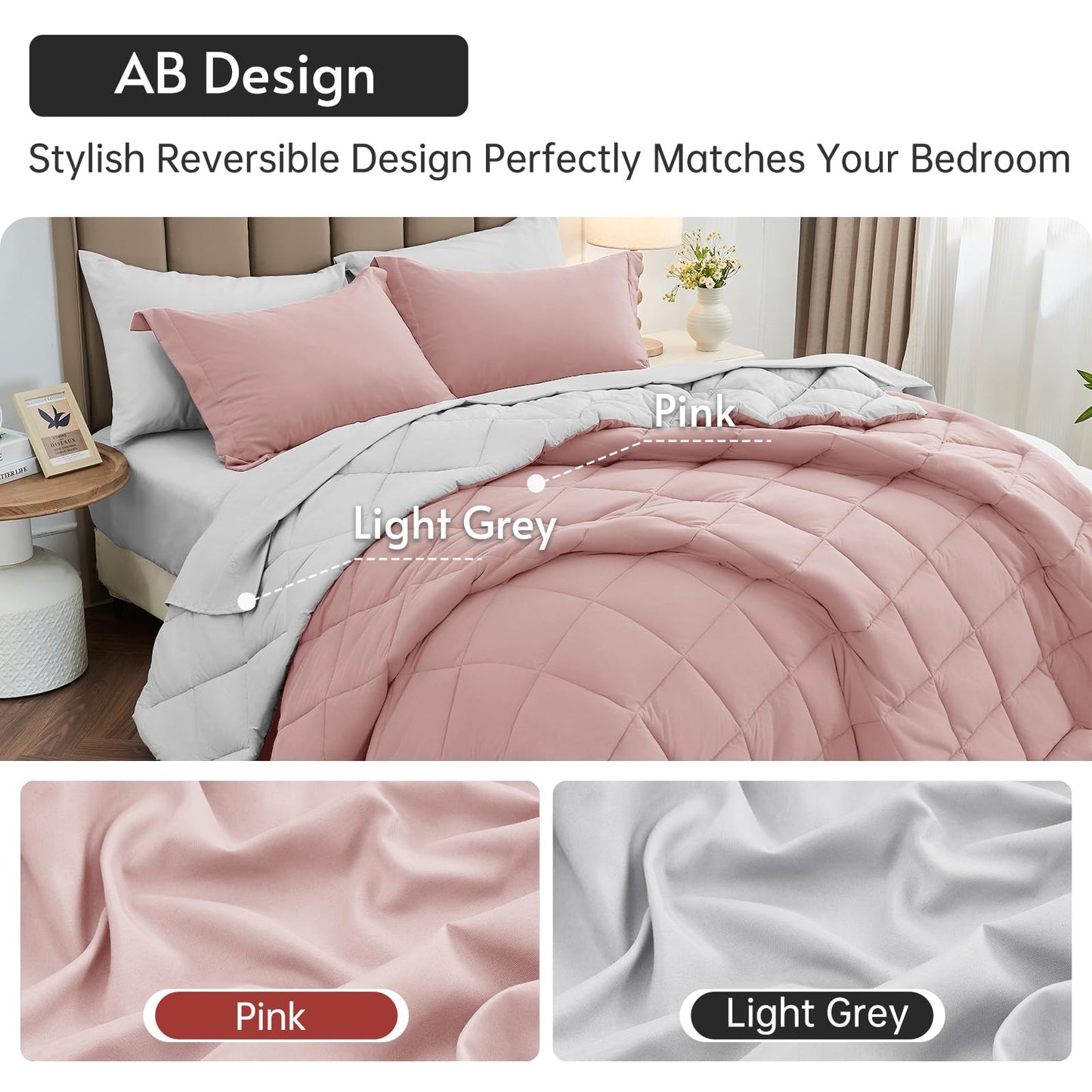 MUXHOMO 7 Pieces California King Comforter Set, Reversible Bed in a Bag Cal King Size, All Season Bedding Set with Comforter, Flat Sheet, Fitted Sheet, Pillowcases & Shams, Pink & Light Grey