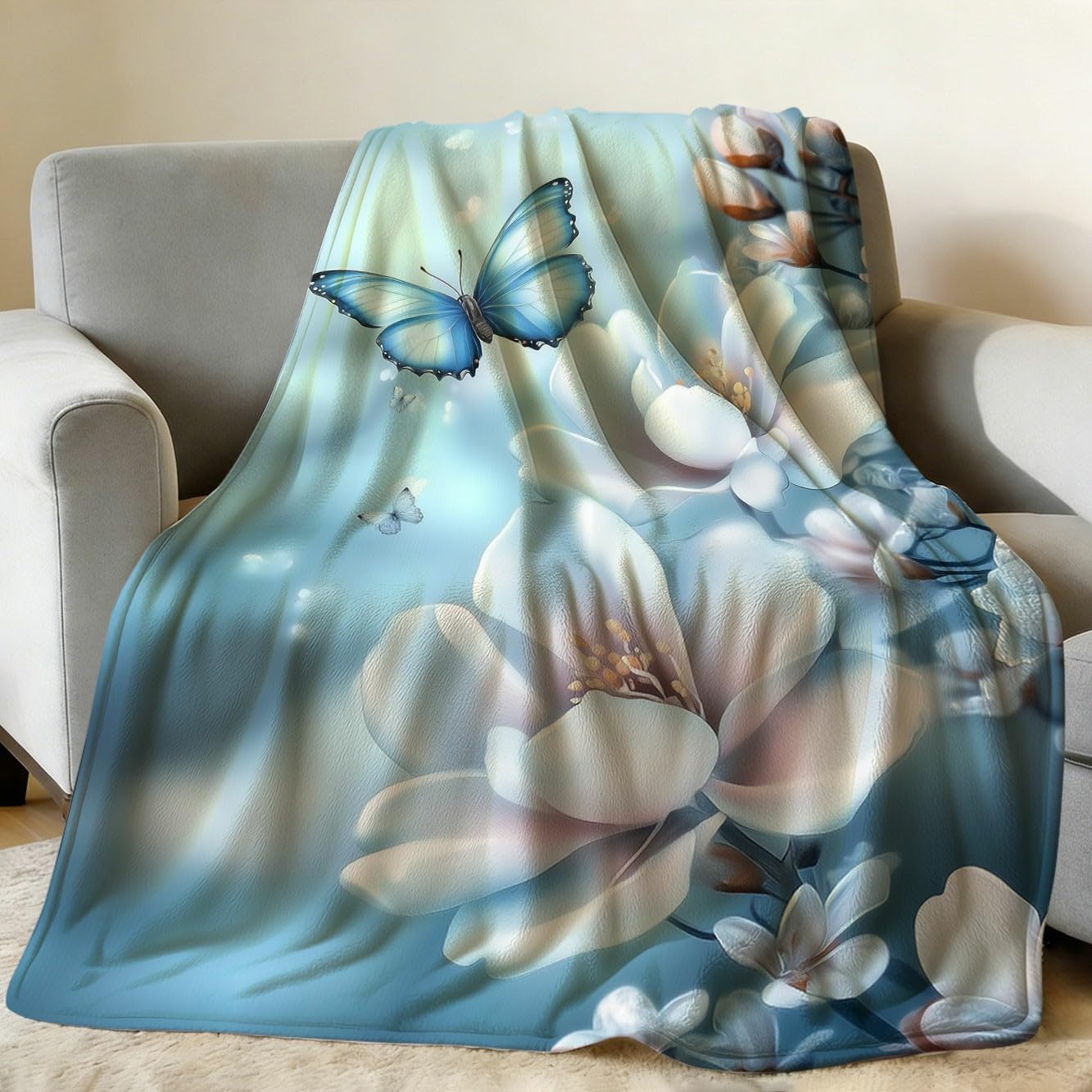 GXYAOYZG Floral Blanket Teal Blue Butterfly Print Flannel Throws Soft Cozy Warm Lightweight Bed Blanket Botanical for Couch Sofa Botanical Decor Gifts for Kids Adults (49" x 59")