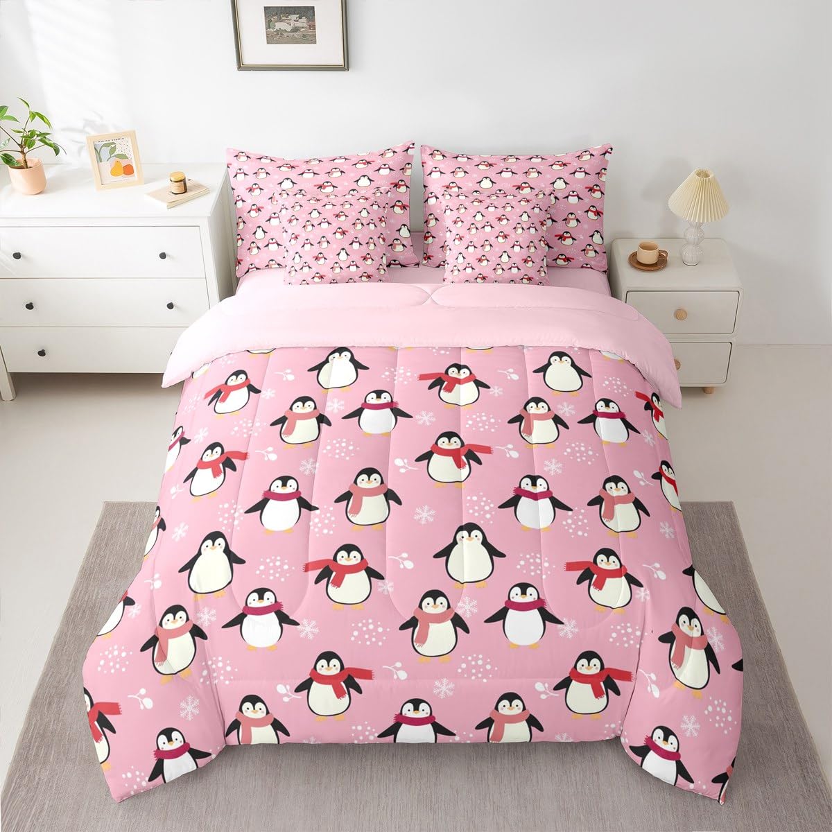 Erosebridal Cartoon Penguin Twin Size Comforter Set, Kawaii 7-Piece Bed in A Bag, Antarctic Animal Sheets and Pillowcases, Cute Winter Theme Bedding Set Room Decor