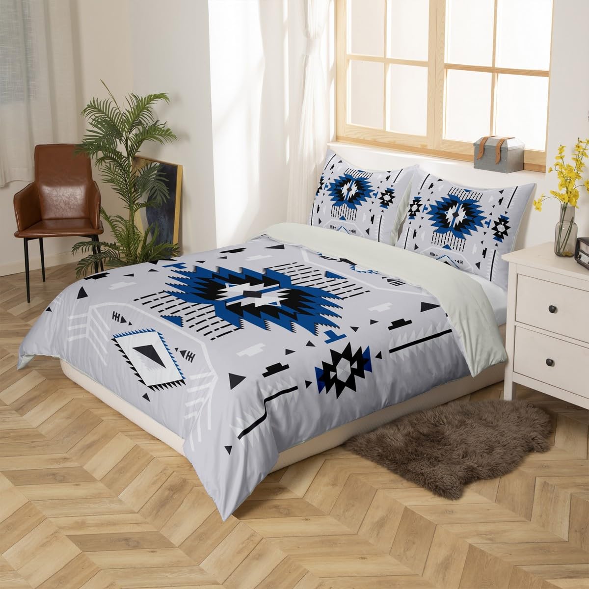 Southwest Bedding Set Grey Duvet Cover Set King Size Adults Rustic Geometric Arrow Abstract Comforter Cover 3pcs for Kids Girls Boys Men Room Decor Indian Tribal Themed Quilt Cover,2 Pillowcases