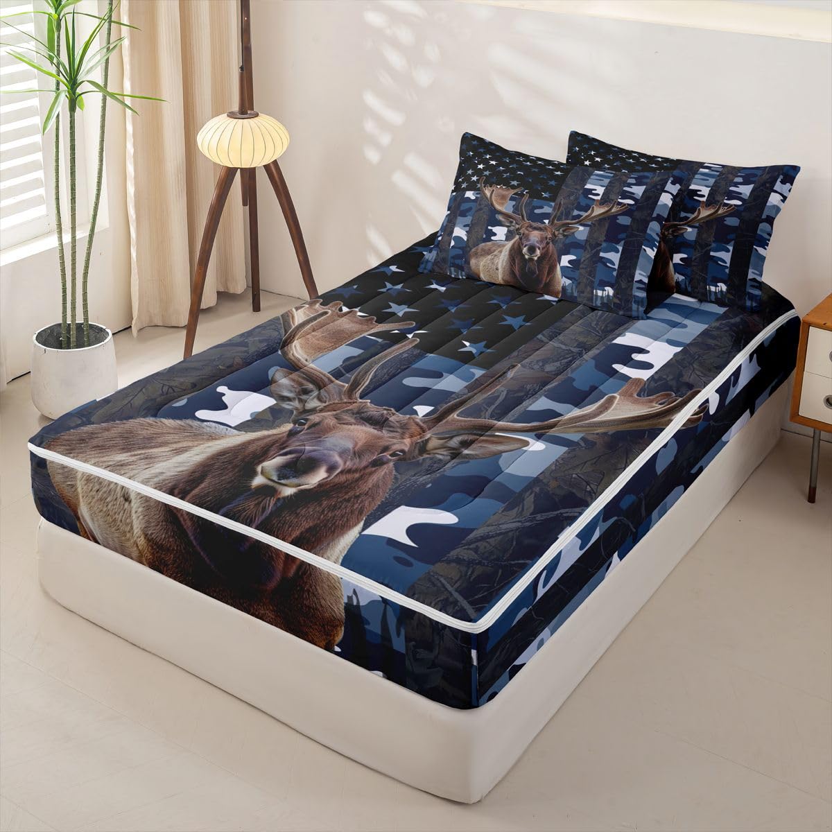 jejeloiu Moose Elk Hunting Camo Zipper Bedding Sets for Kids Boys Girls Rustic Western Deer Twin Comforter Set with Fitted Sheet American Flag Bedroom Decor Microfiber with 2 Pillow Cases