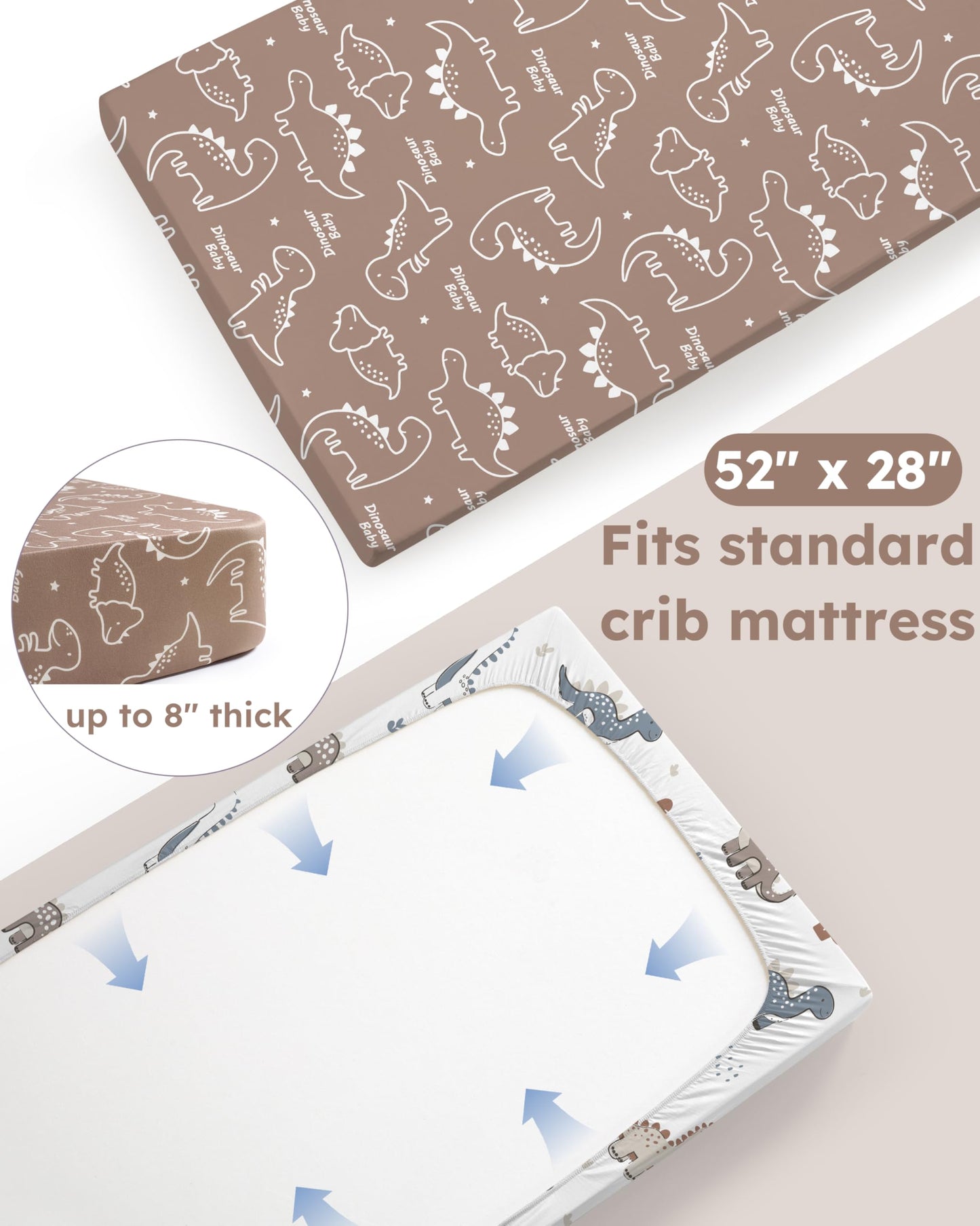 Nyessmee Baby Crib Sheets for Boys and Girls, Fitted Crib Sheets 52" x 28", Soft Breathable Microfiber Sheets for Standard Crib and Toddler Mattress, 2-Pack Brown Dinosaur