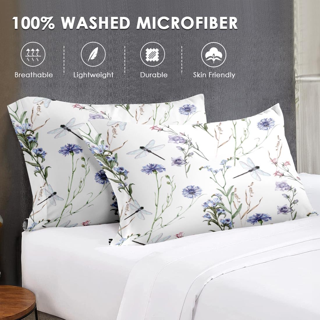 WeCozy Queen Size Comforter Set with 2 Pillowcases, Wildflower Botanical Herb Plant Leaf Floral Flower Painting Dragonfly Soft 3 Pcs Bedding for Kids and Adults Bedroom Bed Decor