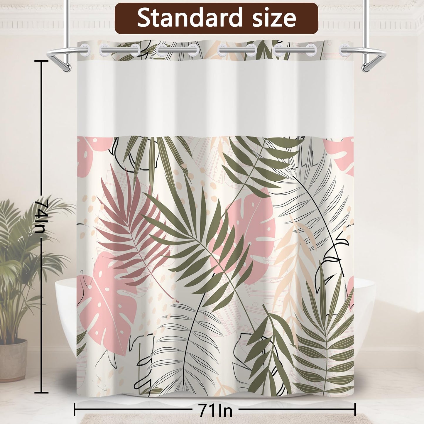 NAEMBCU No Hook Tropical Leaf Shower Curtain and Liner Set, 71 x 74 Inch