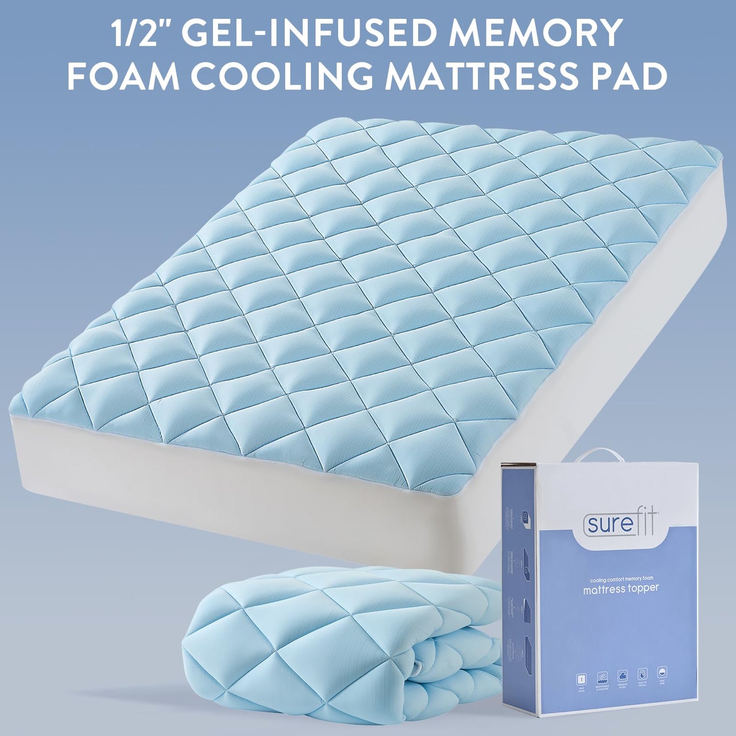 SureFit Twin Size Memory Foam Mattress Topper, Cooling Gel-Infused Mattress Pad, Breathable Ventilated Design, Fits Mattresses 8-20” Deep, Medium Plush Comfort,Cooling for Hot Sleepers