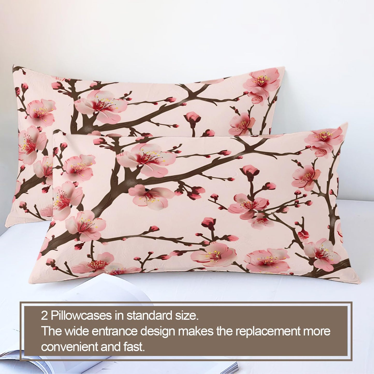 QINYUN Pink Floral Comforter Set Oversized King, Cherry Blossoms Bedding Set 3 Piece, Cherry Blossoms Comforter Cover and 2 Pillow Sham with Zipper Closure