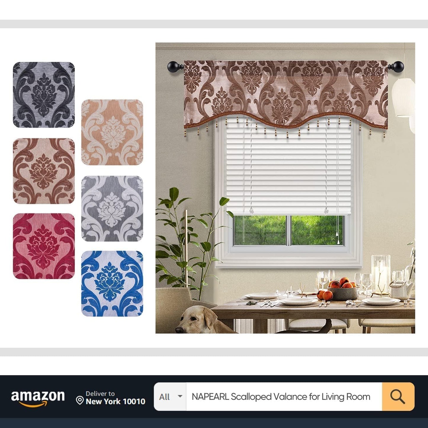 NAPEARL Window Valances for Living Room, Jacquard Damask Luxury Valance Curtains for Windows, Chocolate Brown Rod Pocket Waterfall Valance with Swags, 61-Inch Wide