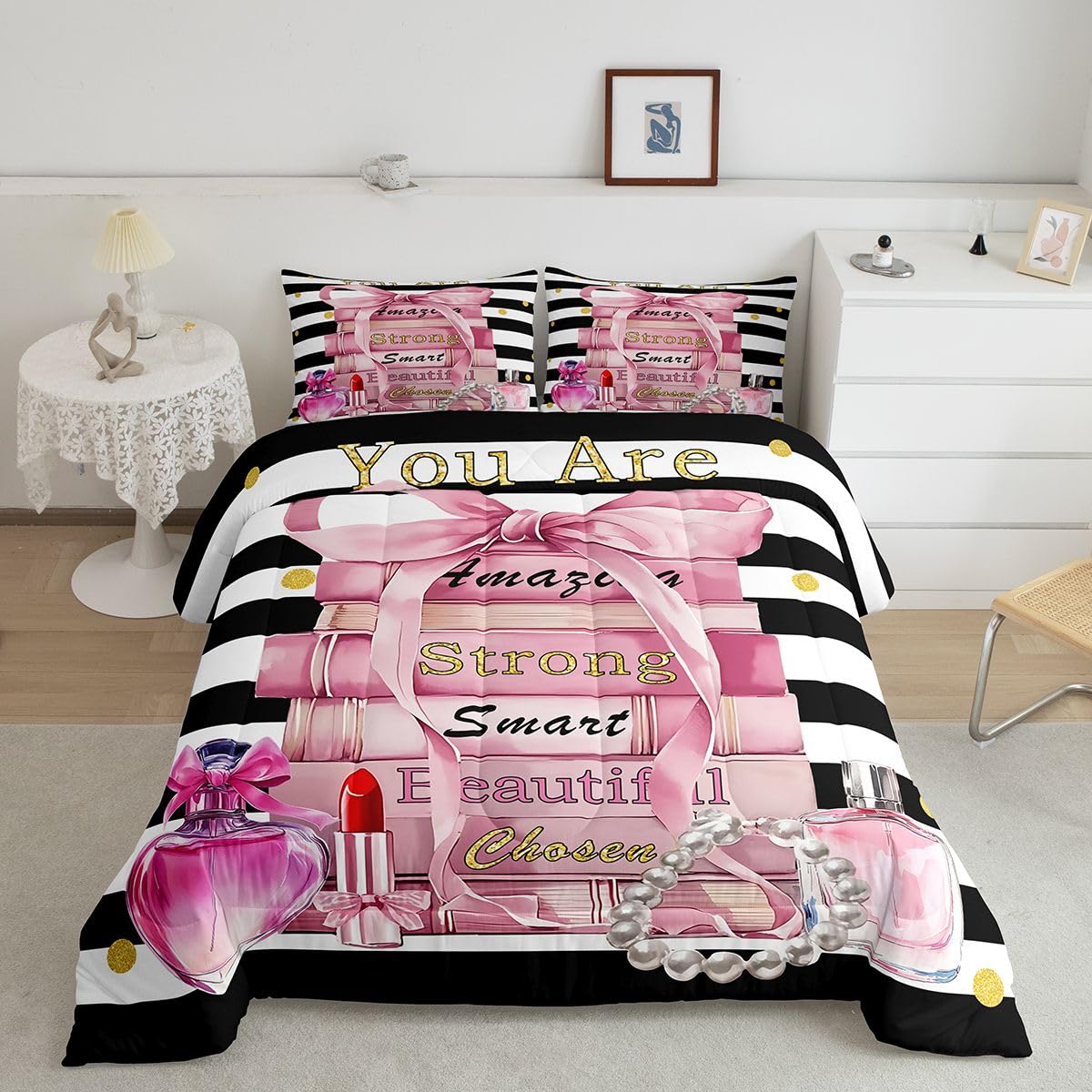 Erosebridal Pink Cute King Bedding Set Girly Fashion Bow Comforter Set for Girls Teens Kids Women Modern Black and White Stripe Quilt Positive Quotes Books Pearl Perfume Bed Sets