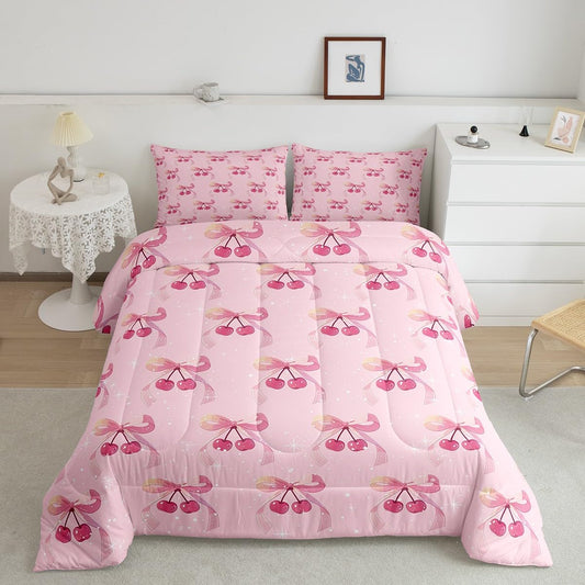 Feelyou Pink Bow Bedding Set Kids Boys Girls Queen Size Cherry Pattern Comforter Set Ultra Soft Cute Coquette Bow Knot Comforter Bow Decor Duvet Quilt Bedroom Decor Bow Knot Quilt