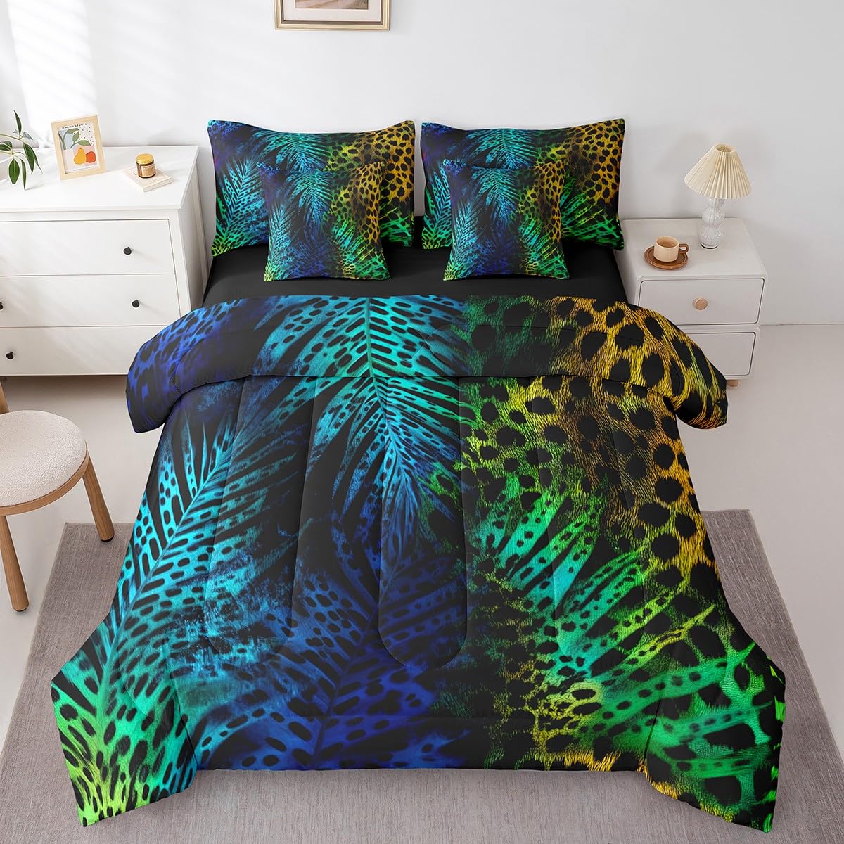 Erosebridal Blue Green Cheetah Print Comforter Set 7 Piece Bed in a Bag Twin,Leopard Print Bedding Sets Wild Animal Hide Sheet Set with Comforter,Wildlife Fur Hair Spot Bed Set