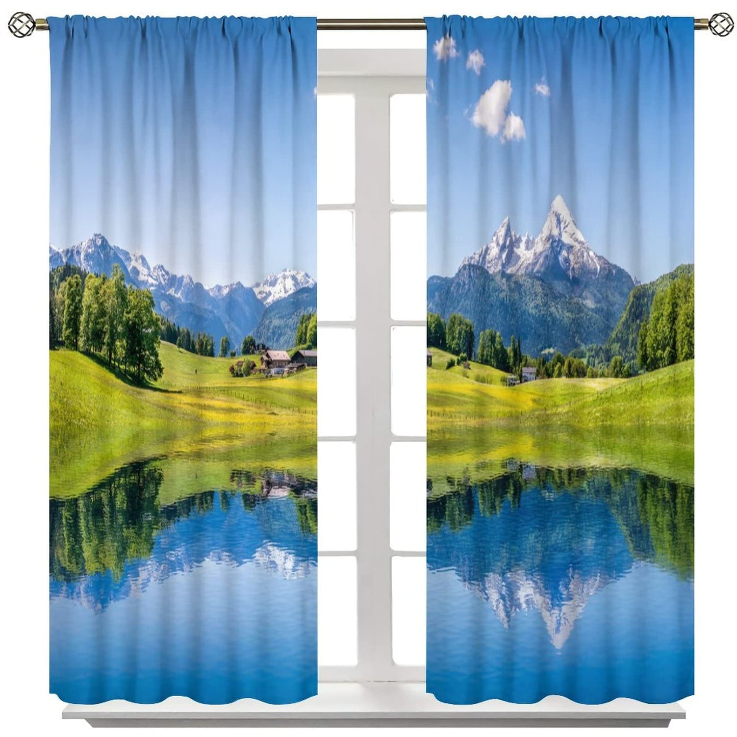 Lake Deocr Curtain, Nature Mountain Scenic Beautiful Blue Sky White Cloud House Grassland Landscapes Home Decor Windows Rod Pocket Curtains for Bedroom Kitchen Cafe Office Drapes 42x45in