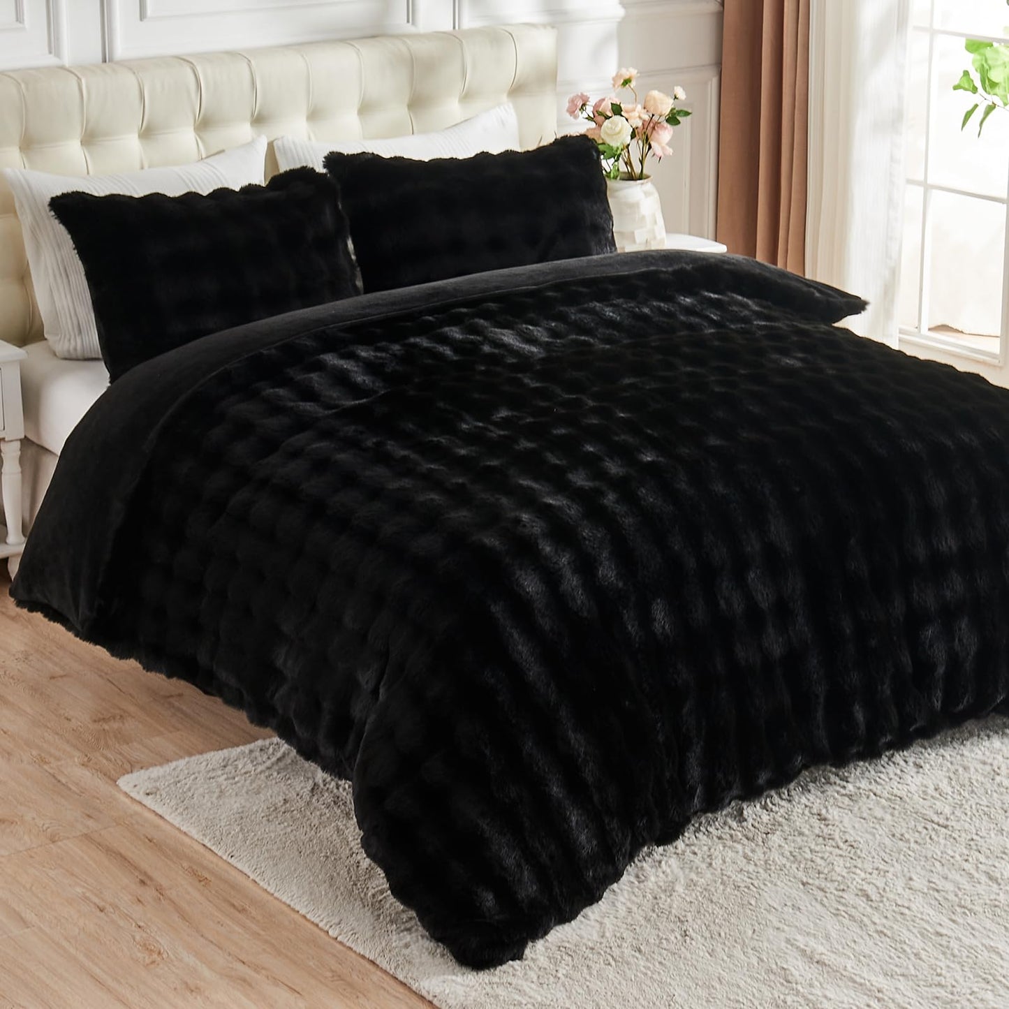 Lotus Karen Faux Fur Comforter Set Queen – Black Fluffy Big Bubble Faux Rabbit Fur Winter Comforter Sets, Warm Cozy Fuzzy Bed Set 3 Pieces, 1 Comforter and 2 Pillowcases